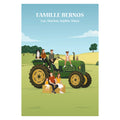 Affiche illustrée et personnalisable représentant une famille sur un tracteur, dans à un paysage de campagne avec champs, collines et arbres.