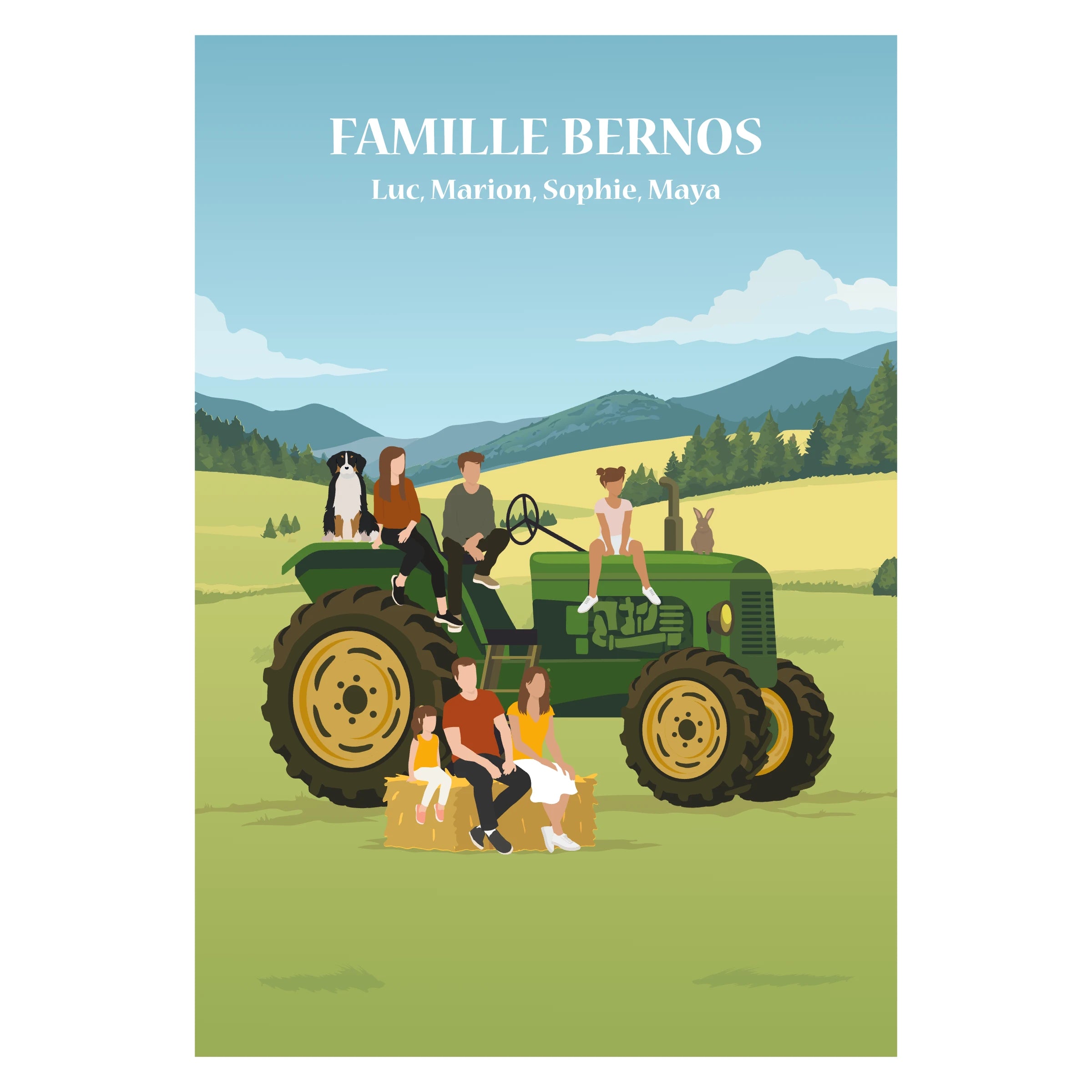 Affiche illustrée et personnalisable représentant une famille sur un tracteur, dans à un paysage de campagne avec champs, collines et arbres.