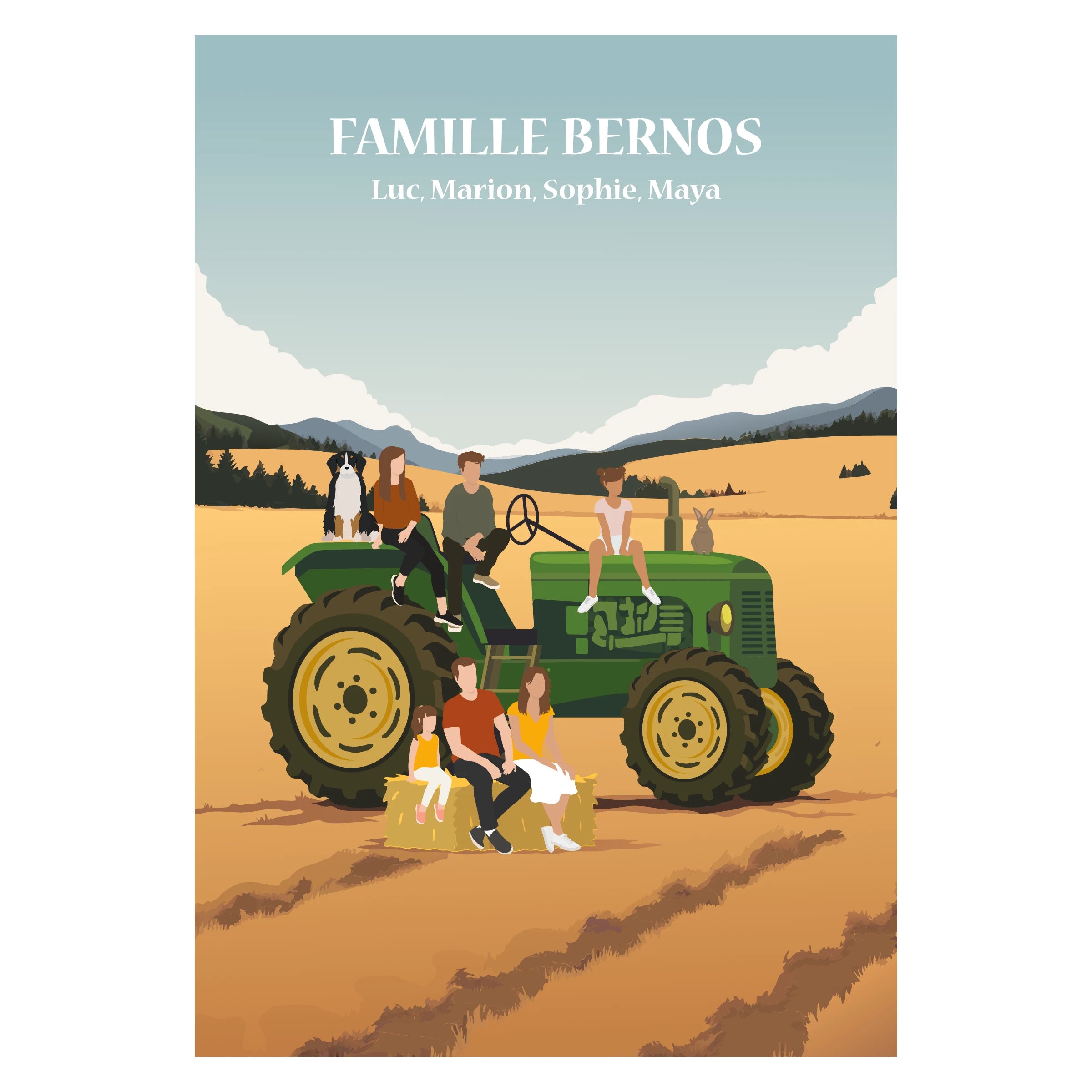 Affiche illustrée et personnalisable représentant une famille sur un tracteur, dans à un paysage de campagne avec champs, collines et arbres.