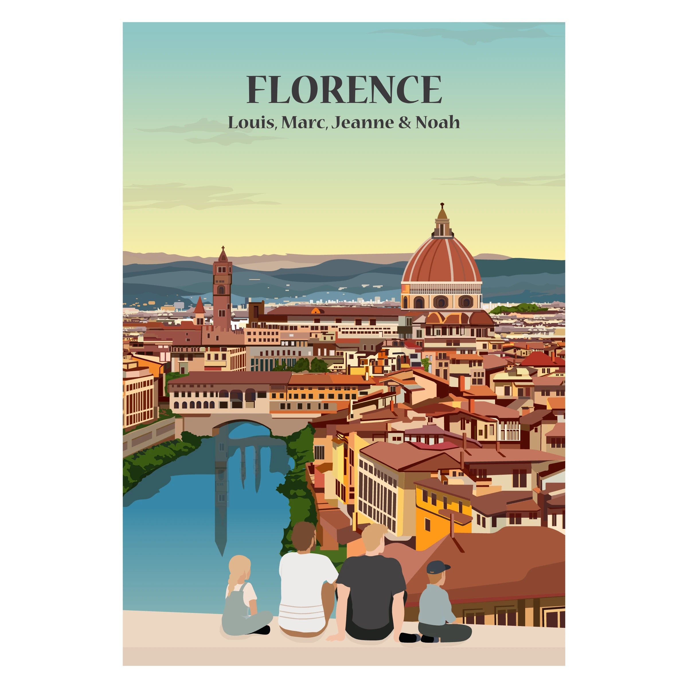 Affiche décorative personnalisée représentant une famille assise devant la ville de Florence.