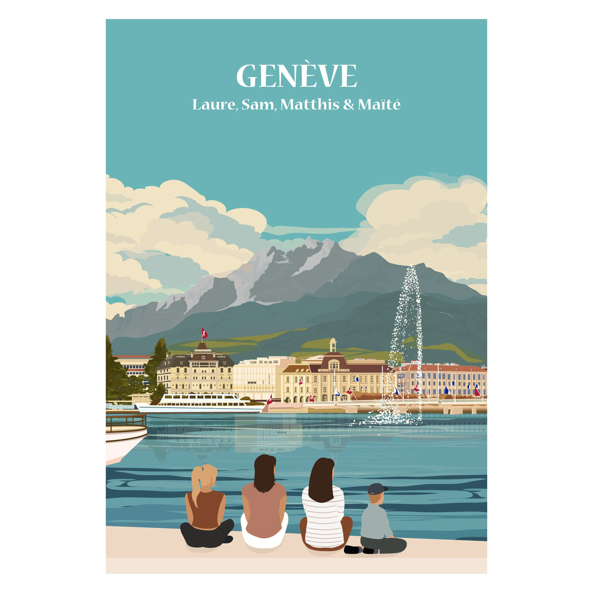 Affiche illustrée et personnalisable représentant une famille face au lac Léman et au paysage urbain de Genève.