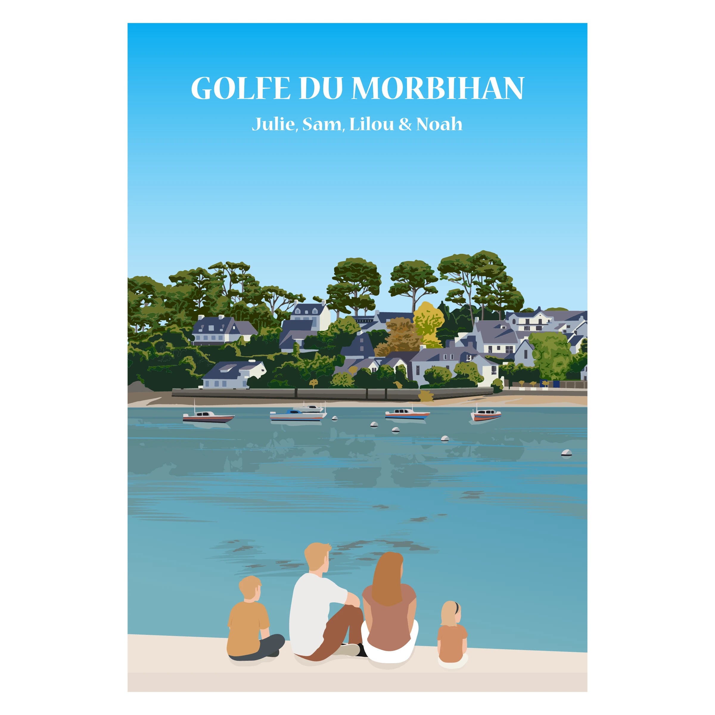 Affiche illustrée et personnalisable représentant une famille face au golfe du Morbihan, avec ses bateaux et les paysages emblématiques de la côte bretonne.