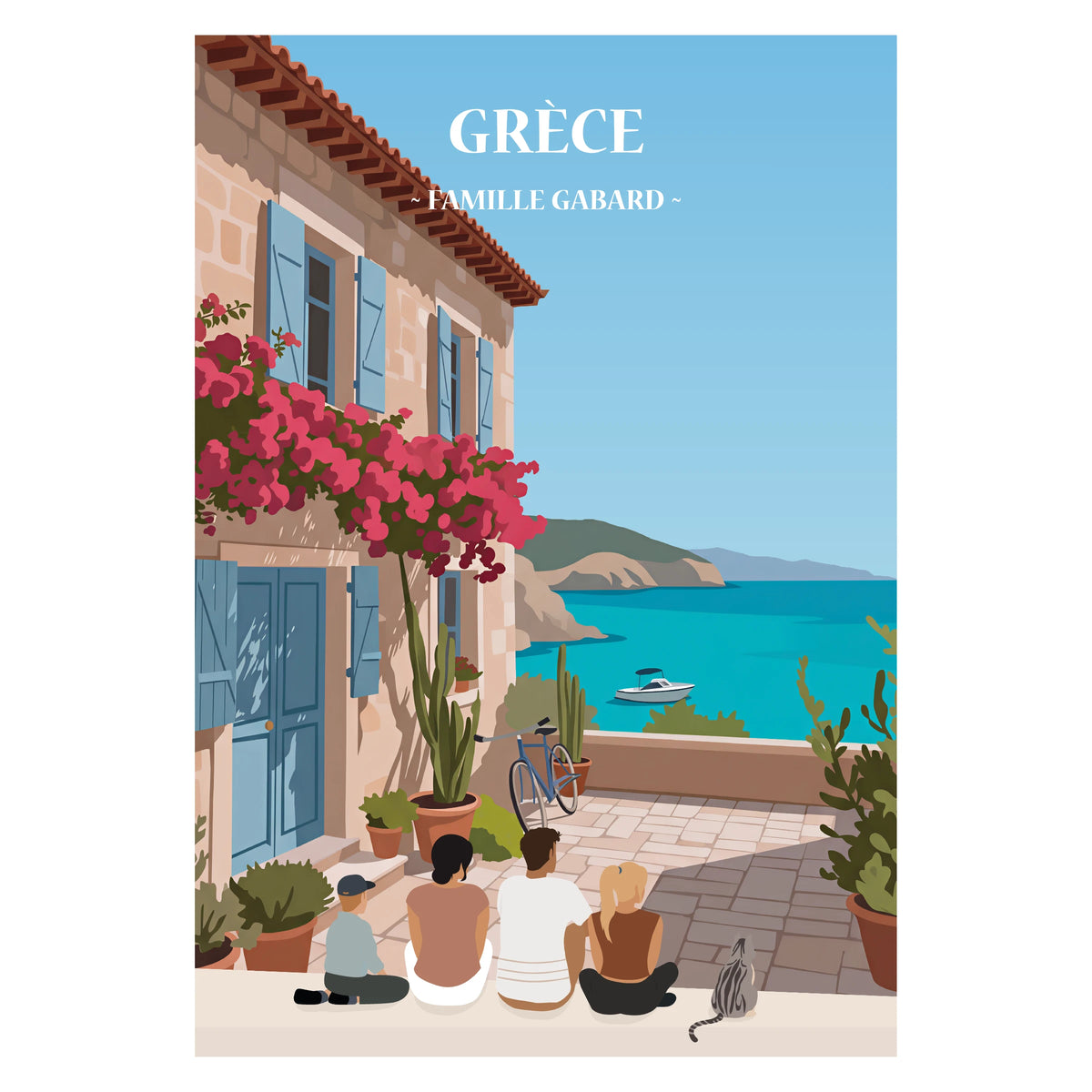 Une famille assise face à la mer, profitant d’une vue paisible et ensoleillée sur les eaux turquoise de la Grèce.