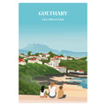 Affiche Guéthary personnalisable représentant une famille face aux montagnes et maisons basques..