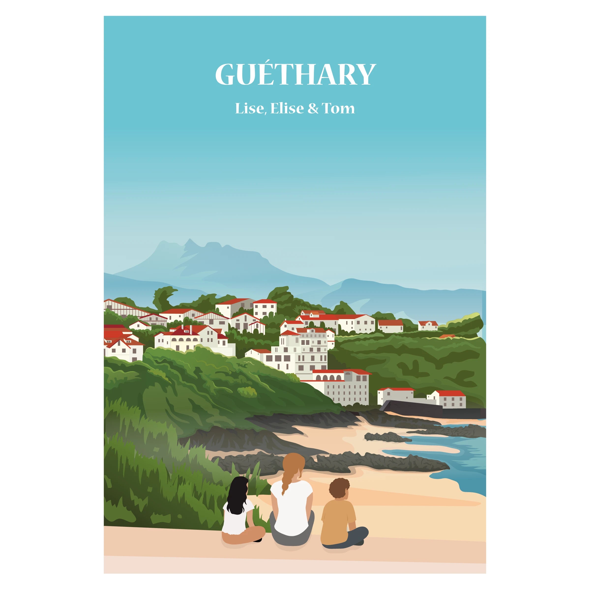 Affiche Guéthary personnalisable représentant une famille face aux montagnes et maisons basques..