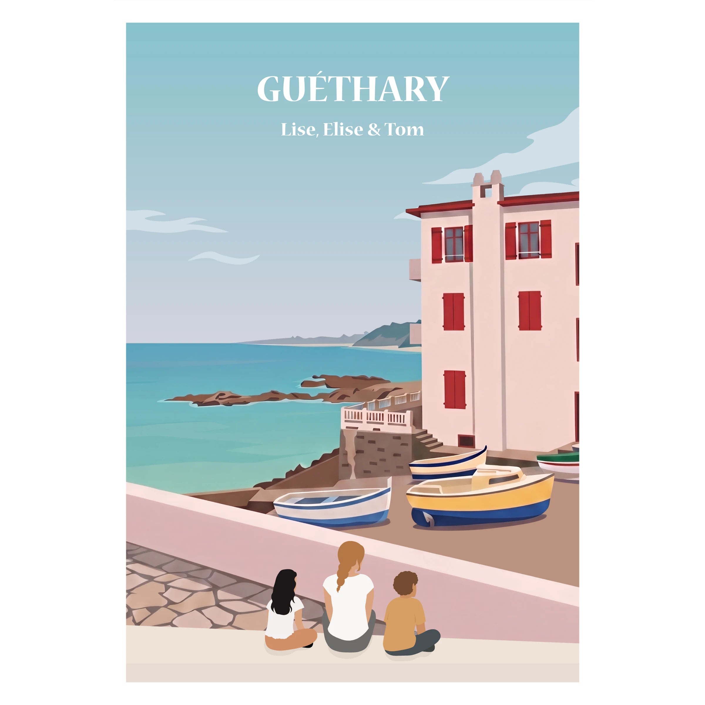 Affiche Guéthary personnalisable représentant une famille face aux montagnes et maisons basques..