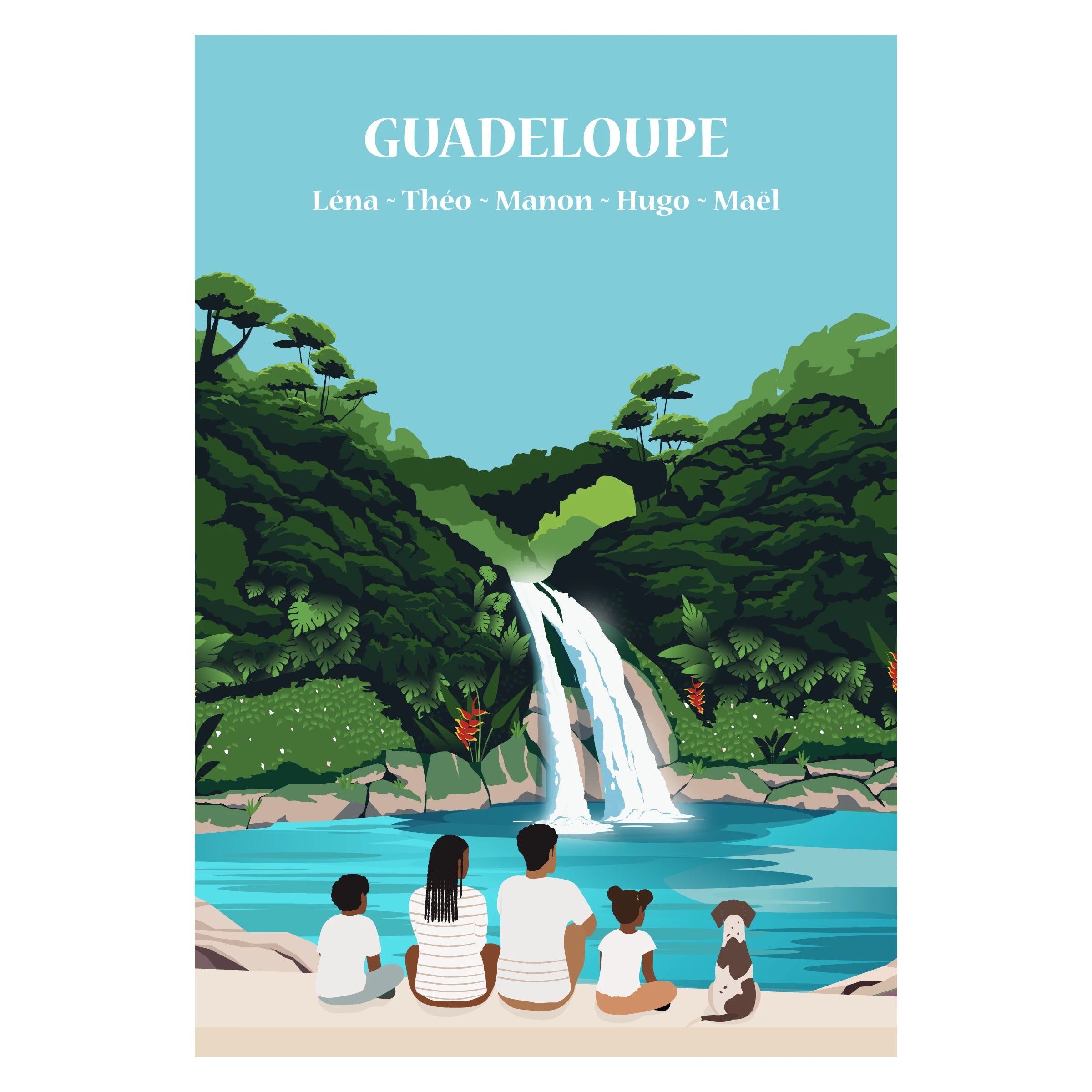 Affiche illustrée et personnalisable représentant une famille face aux paysages tropicaux de Guadeloupe, entre plage, mer et végétation luxuriante.
