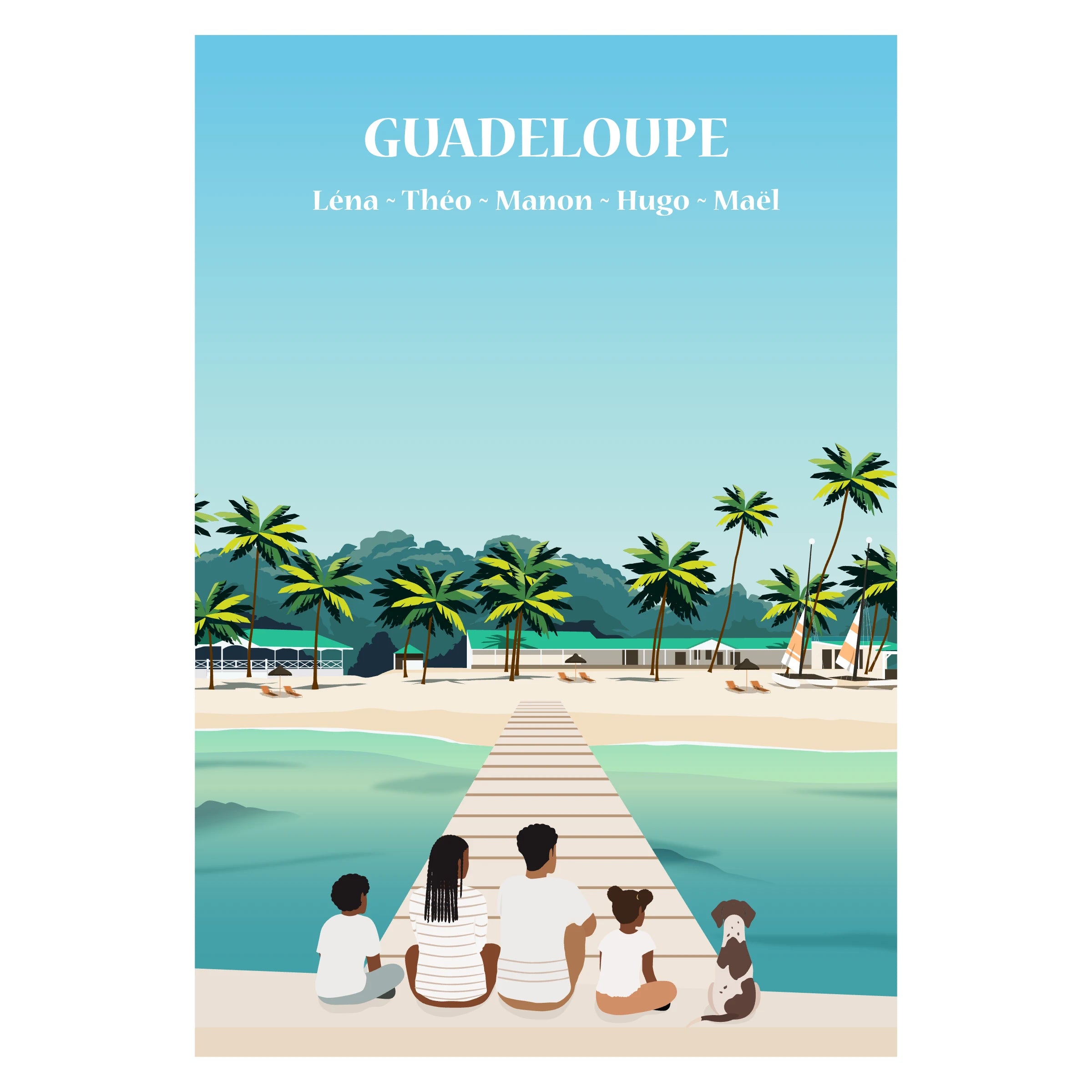 Affiche illustrée et personnalisable représentant une famille face aux paysages tropicaux de Guadeloupe, entre plage, mer et végétation luxuriante.