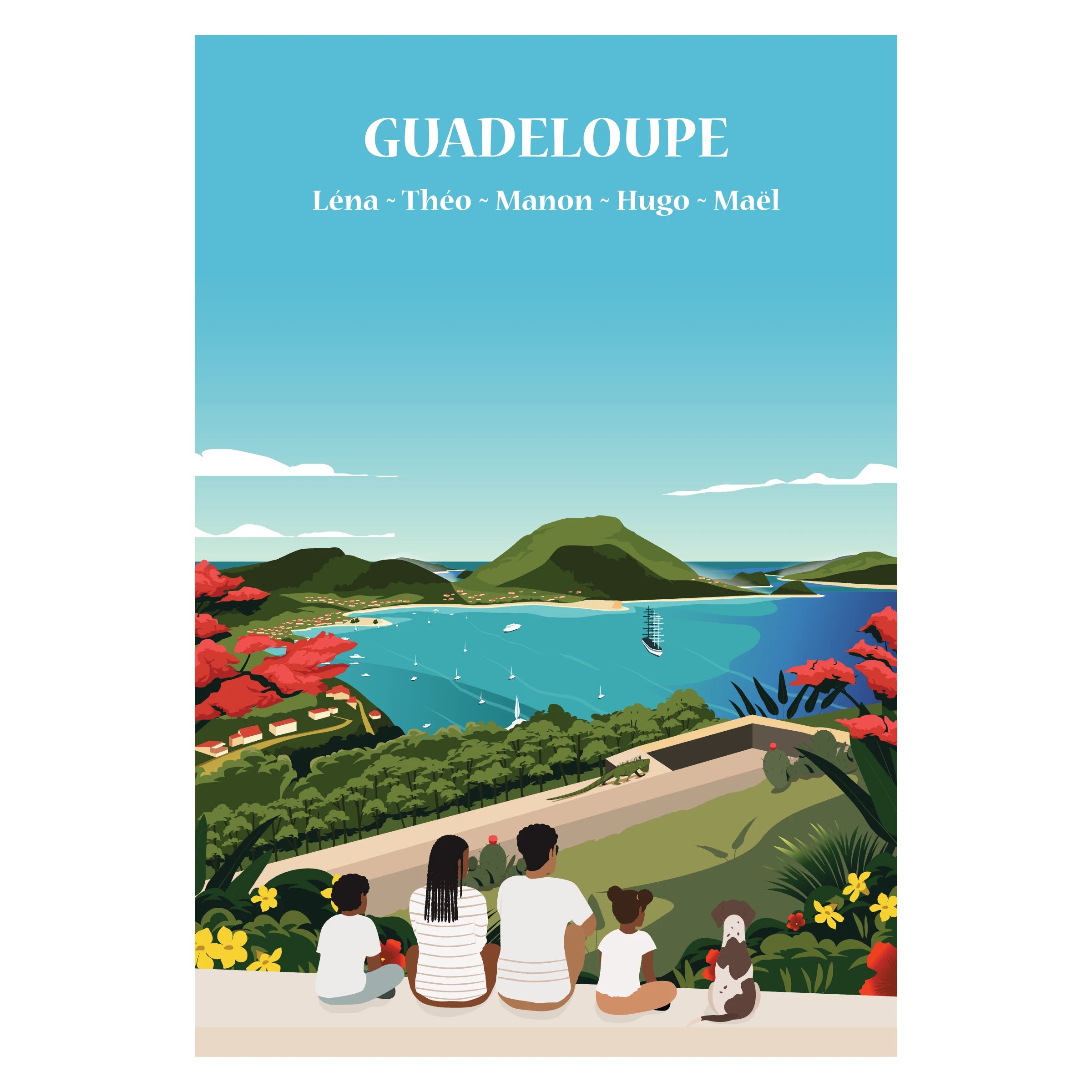 Affiche illustrée et personnalisable représentant une famille face aux paysages tropicaux de Guadeloupe, entre plage, mer et végétation luxuriante.