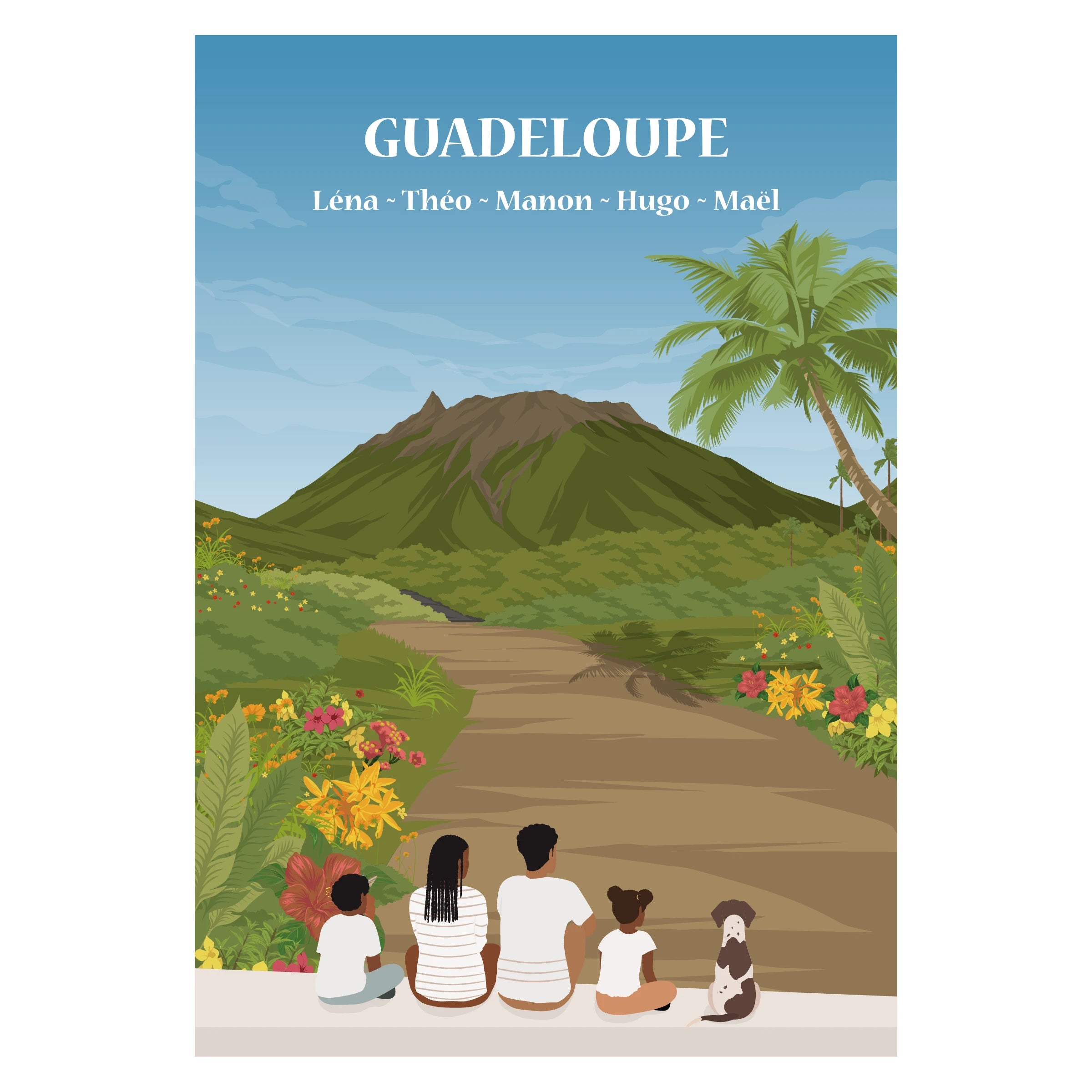 Affiche illustrée et personnalisable représentant une famille face aux paysages tropicaux de Guadeloupe, entre plage, mer et végétation luxuriante.
