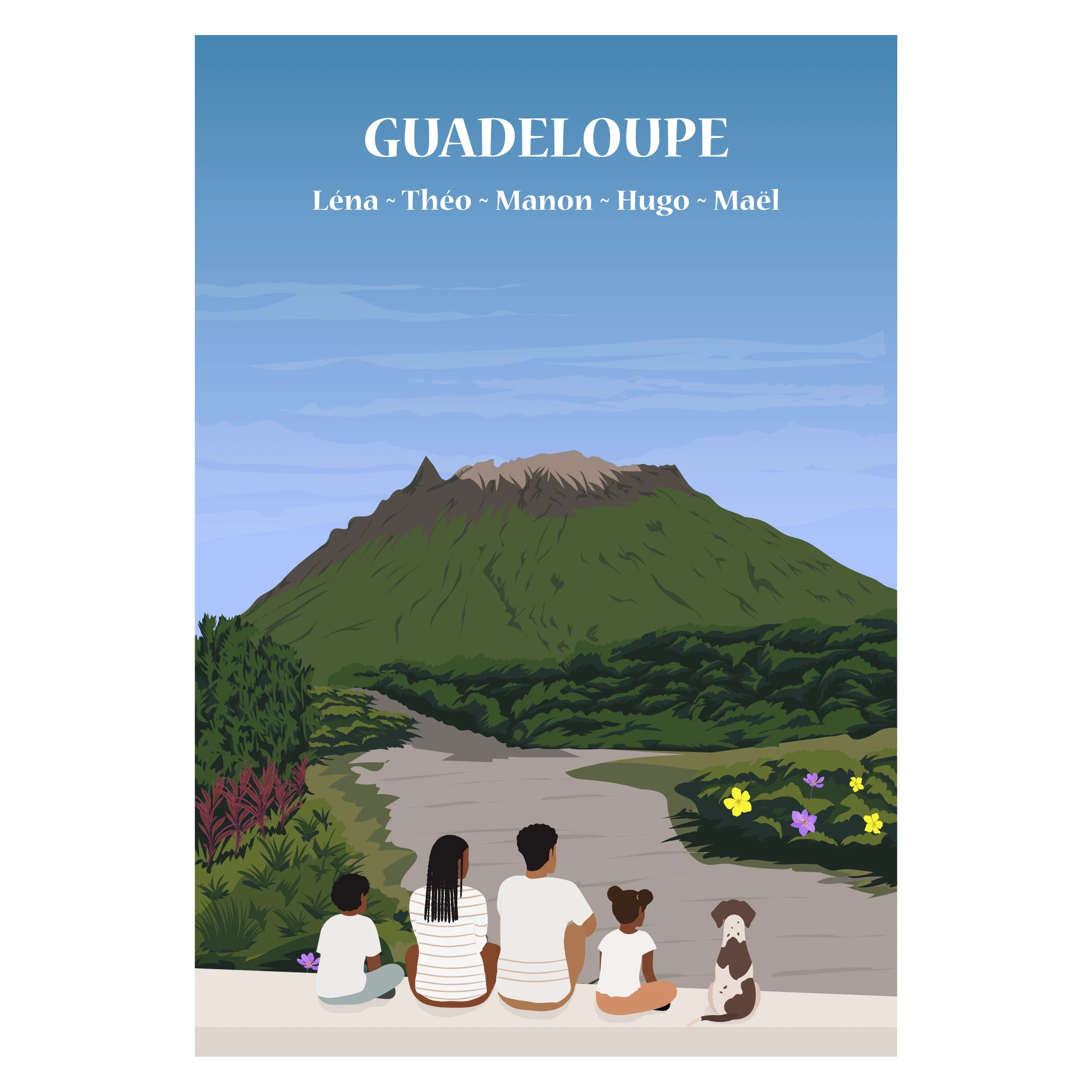 Affiche illustrée et personnalisable représentant une famille face aux paysages tropicaux de Guadeloupe, entre plage, mer et végétation luxuriante.