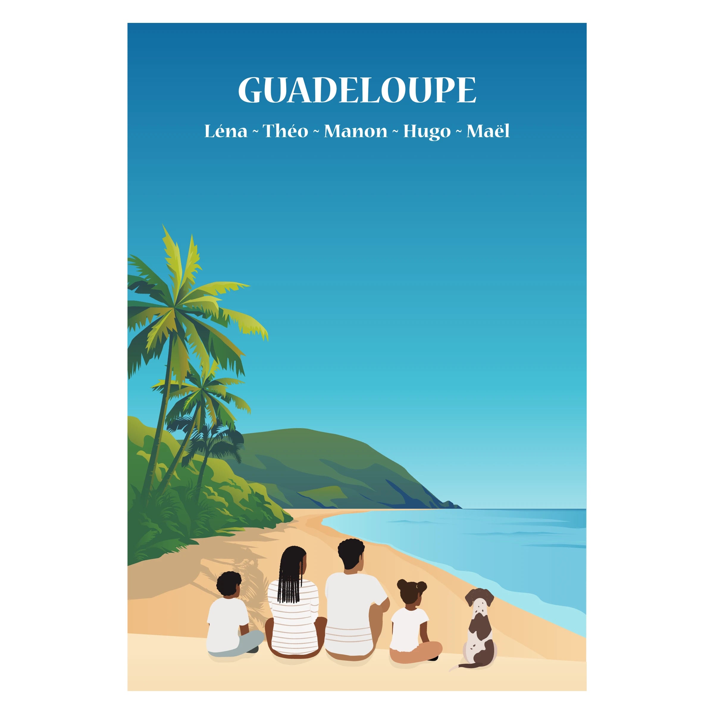 Affiche illustrée et personnalisable représentant une famille face aux paysages tropicaux de Guadeloupe, entre plage, mer et végétation luxuriante.