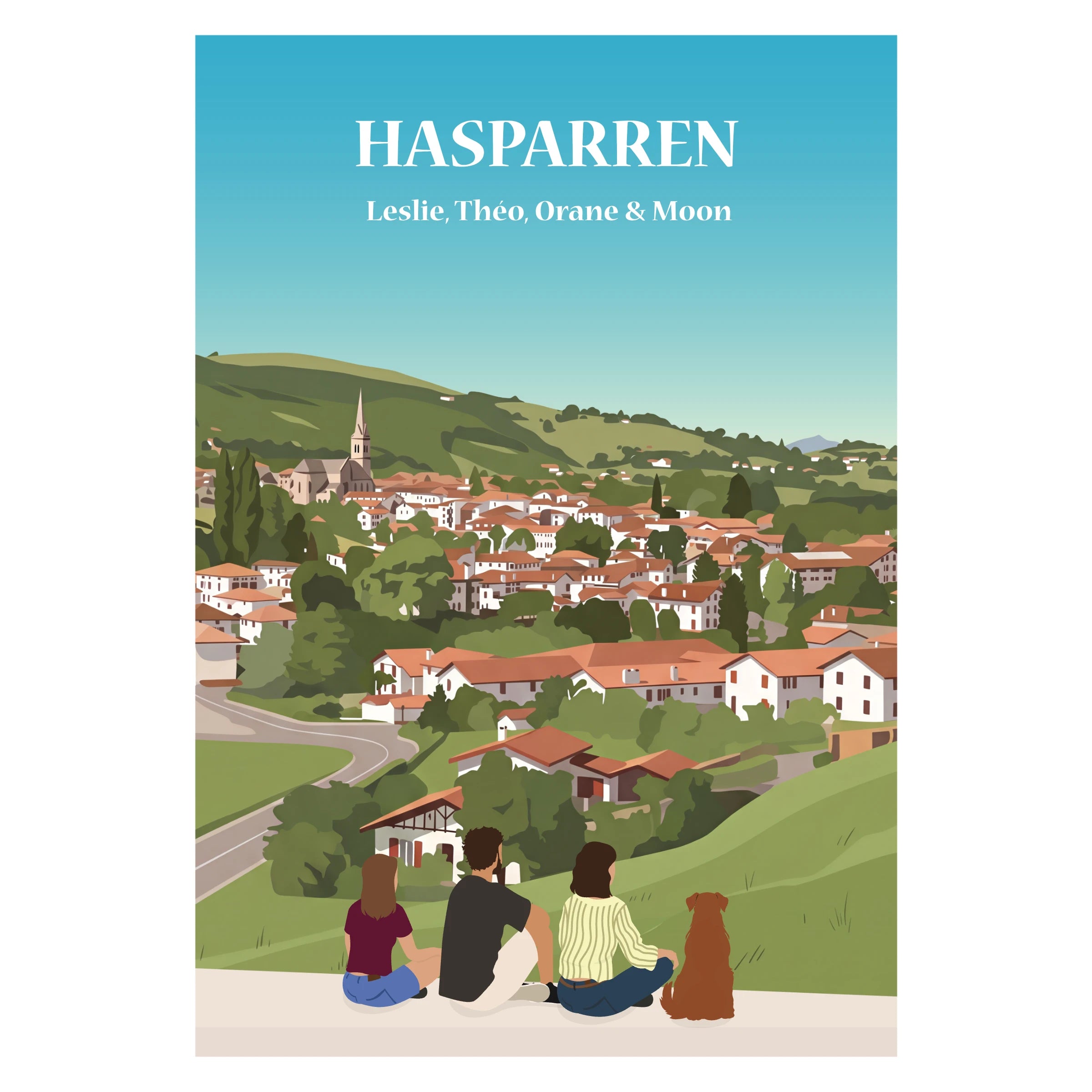 une famille assise sur un banc face à Hasparren
