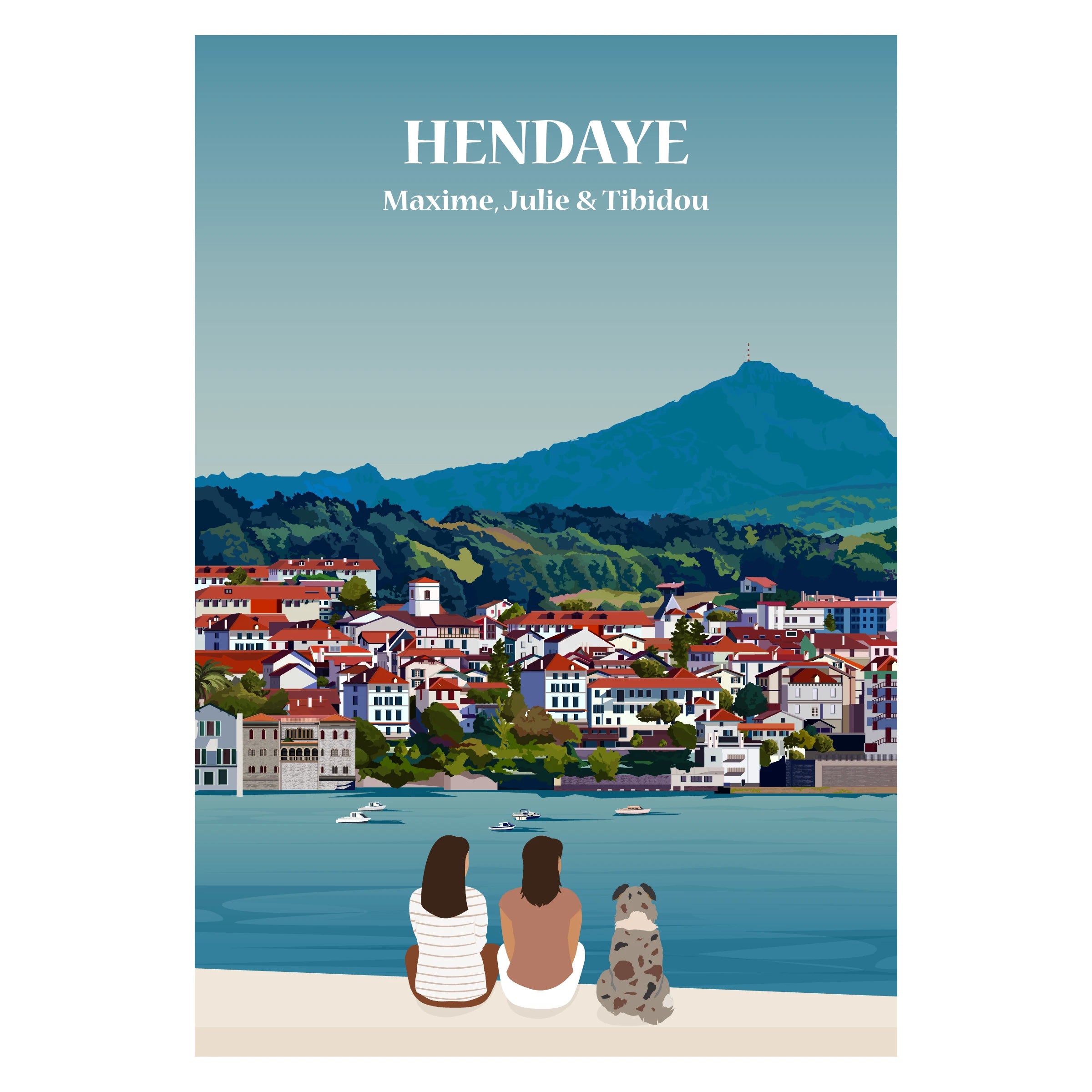 Affiche personnalisable représentant une famille assise face à la plage et à l’océan à Hendaye,