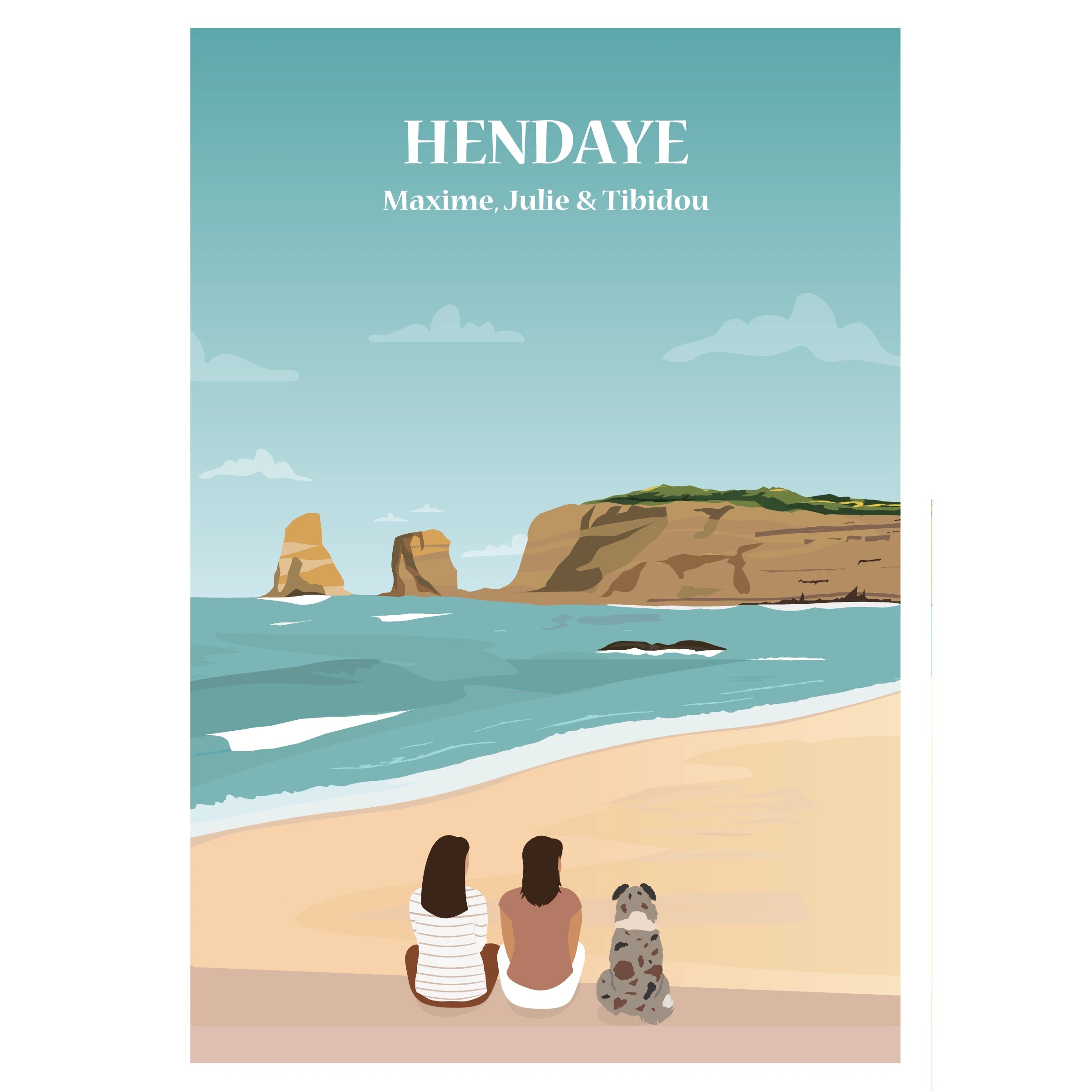 Affiche personnalisable représentant une famille assise face à la plage et à l’océan à Hendaye,