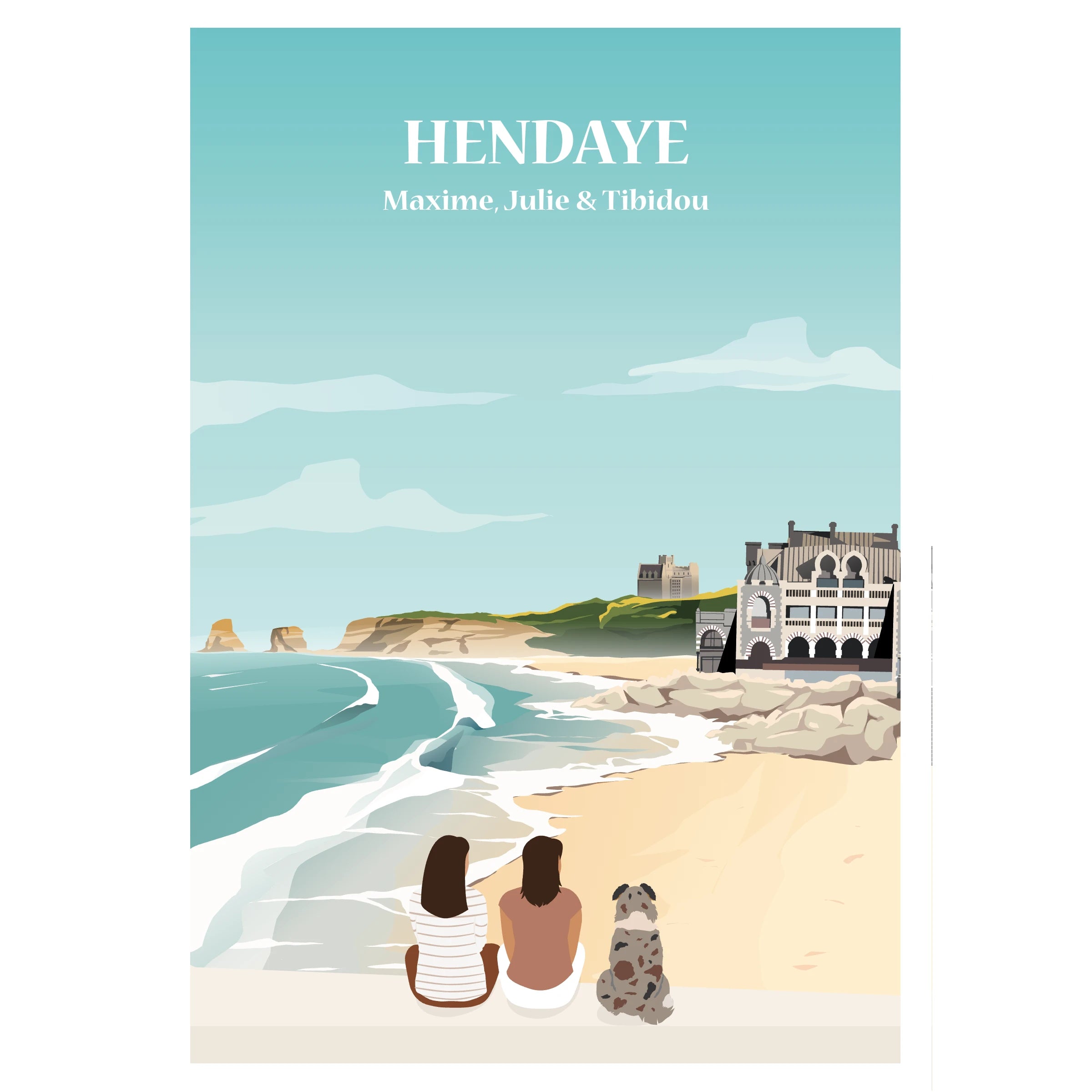 Affiche personnalisable représentant une famille assise face à la plage et à l’océan à Hendaye,