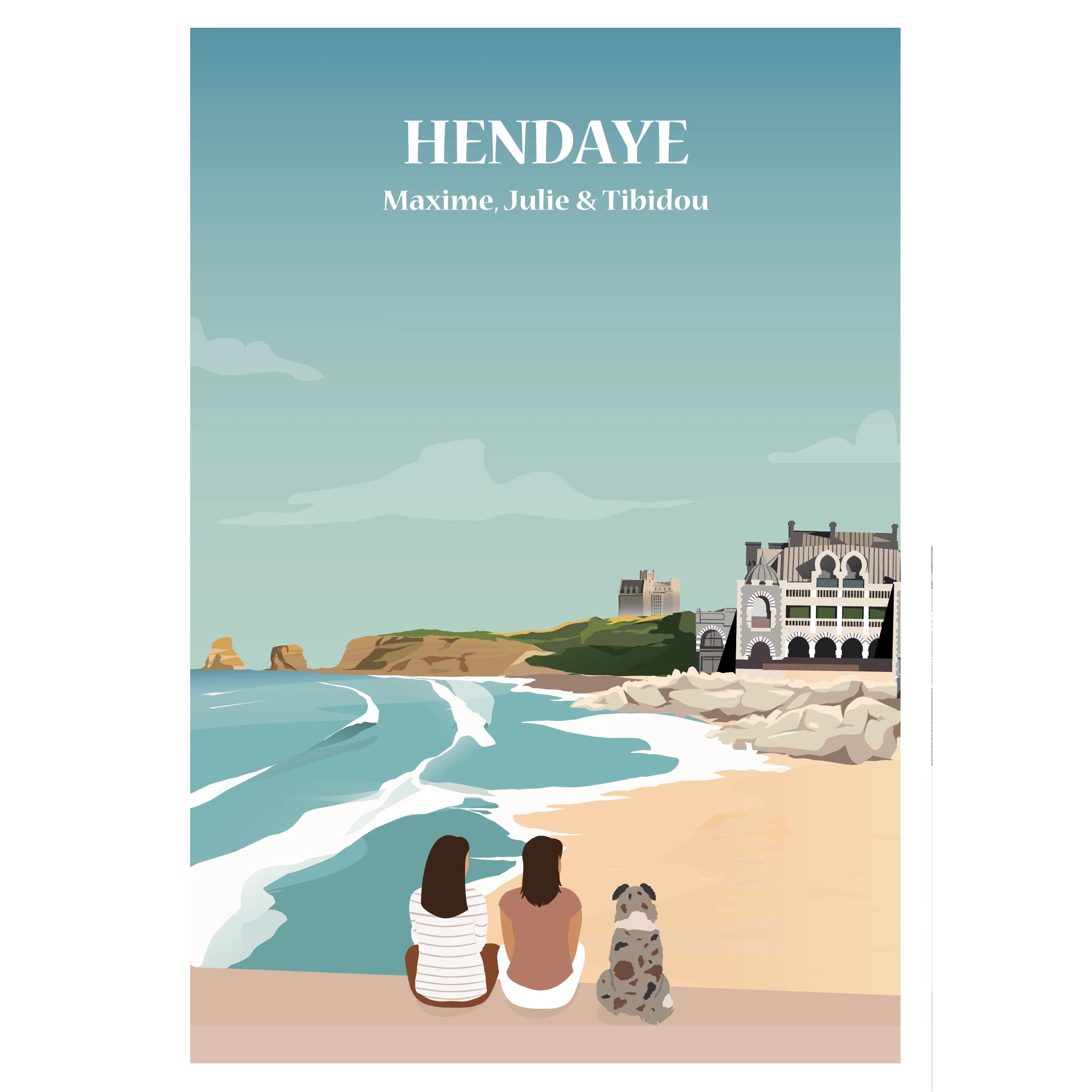Affiche personnalisable représentant une famille assise face à la plage et à l’océan à Hendaye,