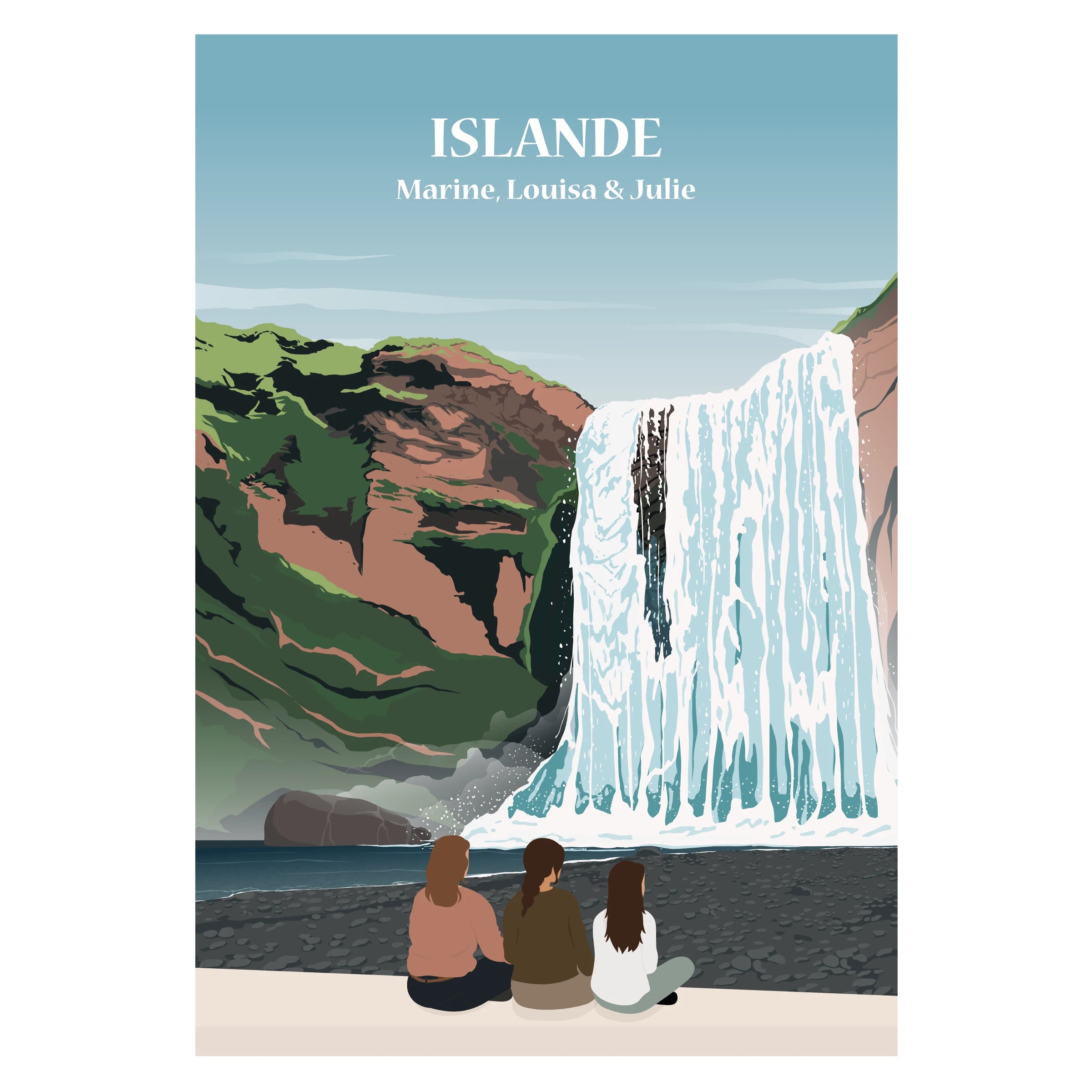 Affiche famille Islande personnalisée devant une cascade majestueuse, illustration de paysage islandais avec chute d’eau et nature sauvage.