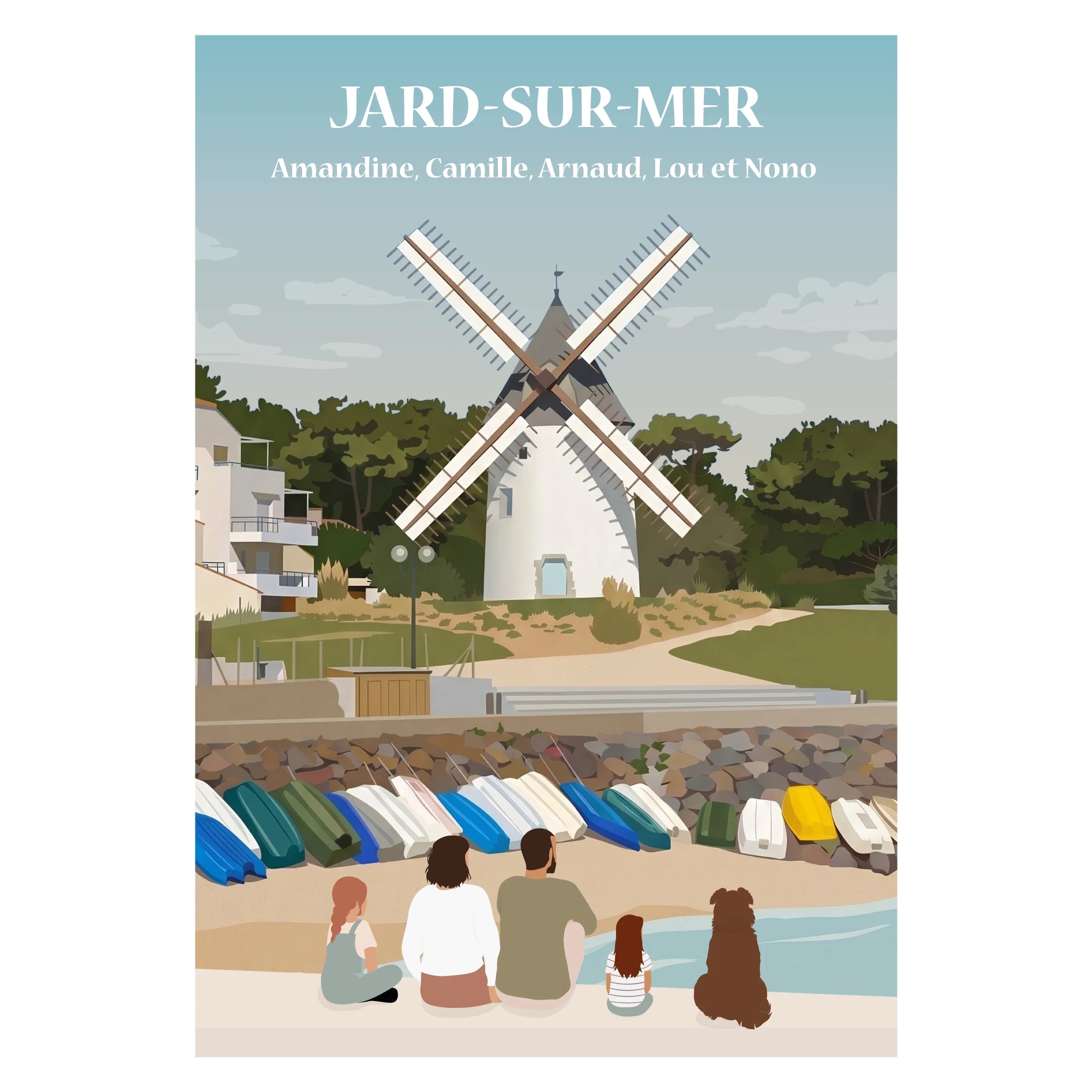 Une famille de dos assise sur un banc face au moulin et à la plage de Jard-sur-mer.