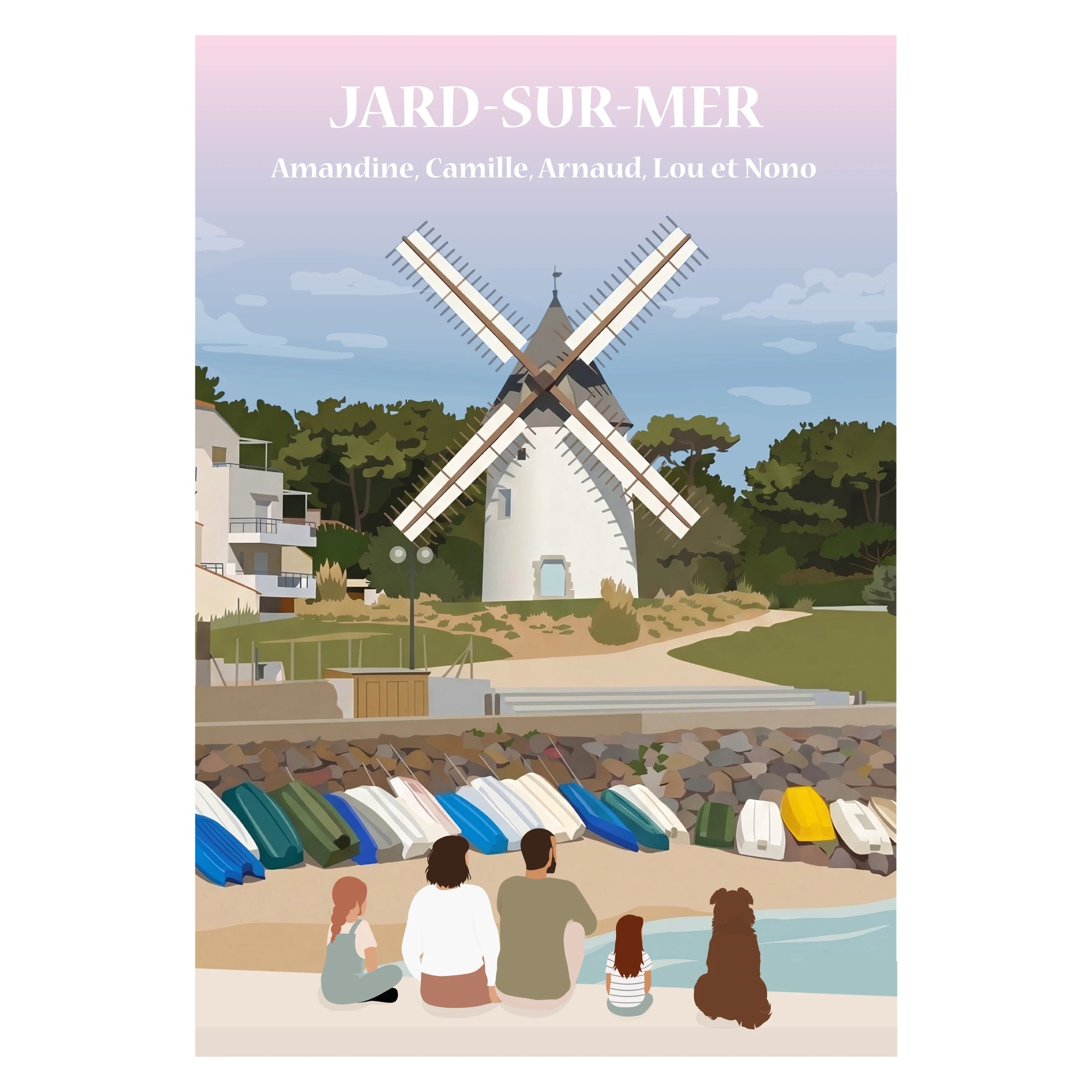 Une famille de dos assise sur un banc face au moulin et à la plage de Jard-sur-mer.