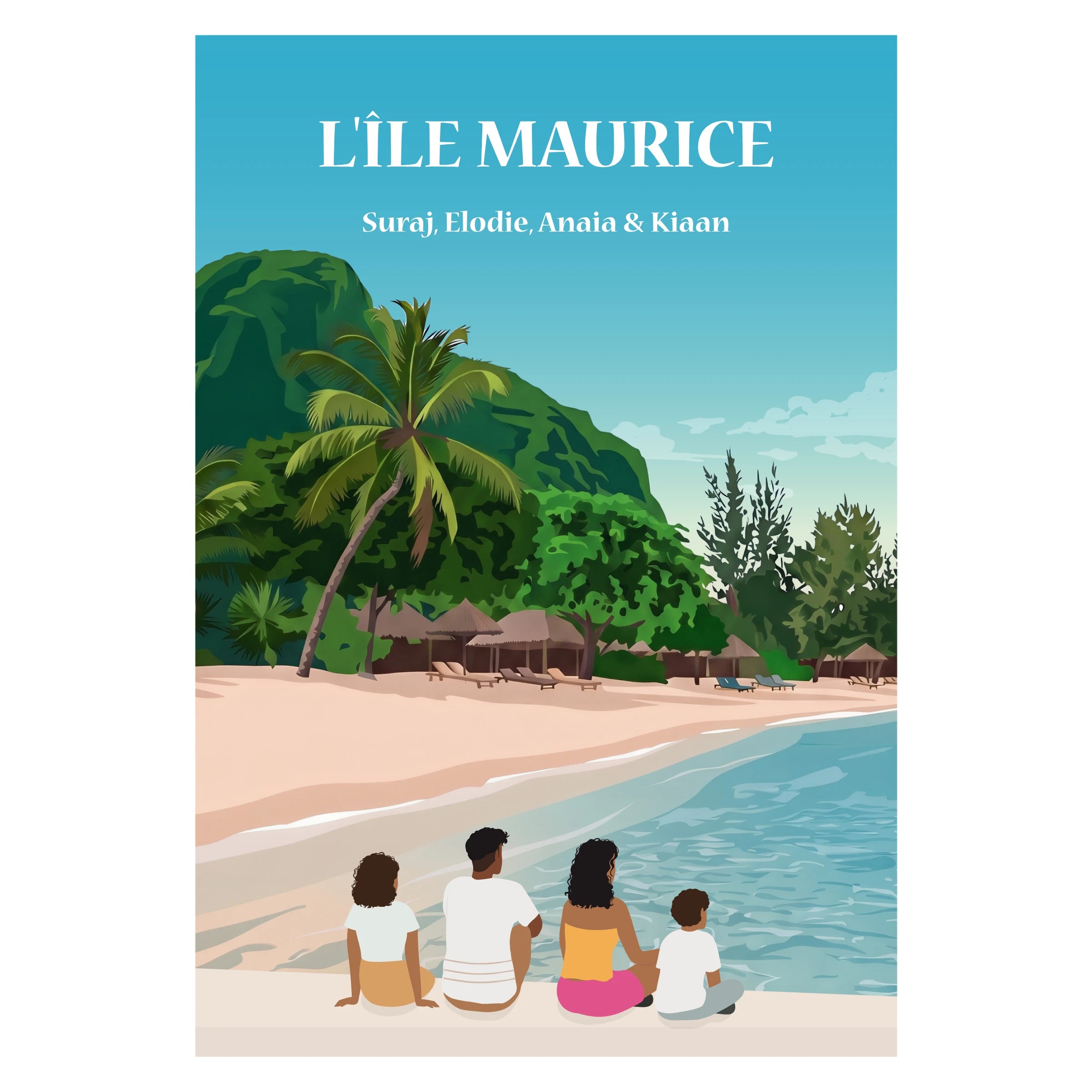 une famille assise sur un banc face à l'ile Maurice