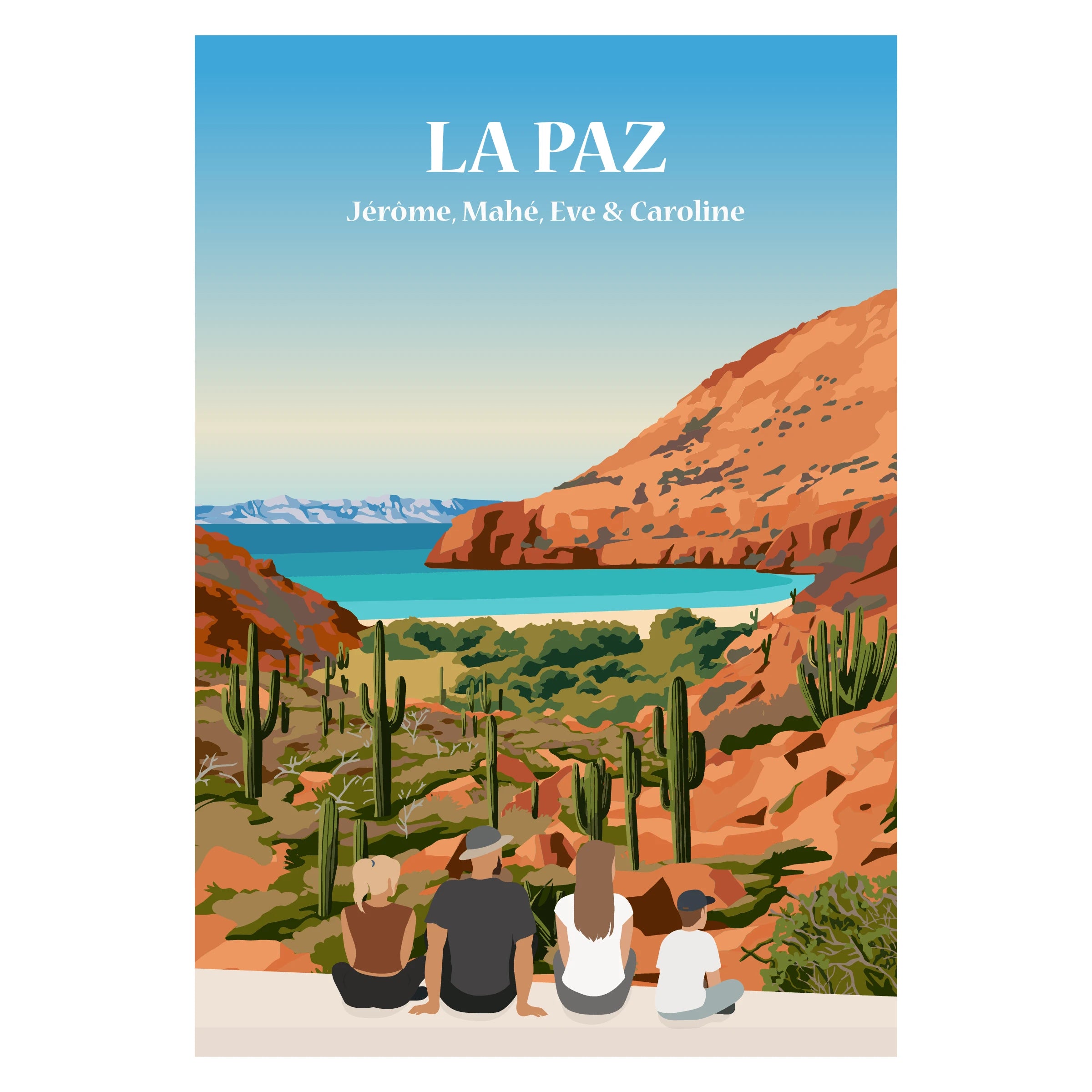 Affiche personnalisée d'une famille de dos face aux cactus et à la plage de La Paz