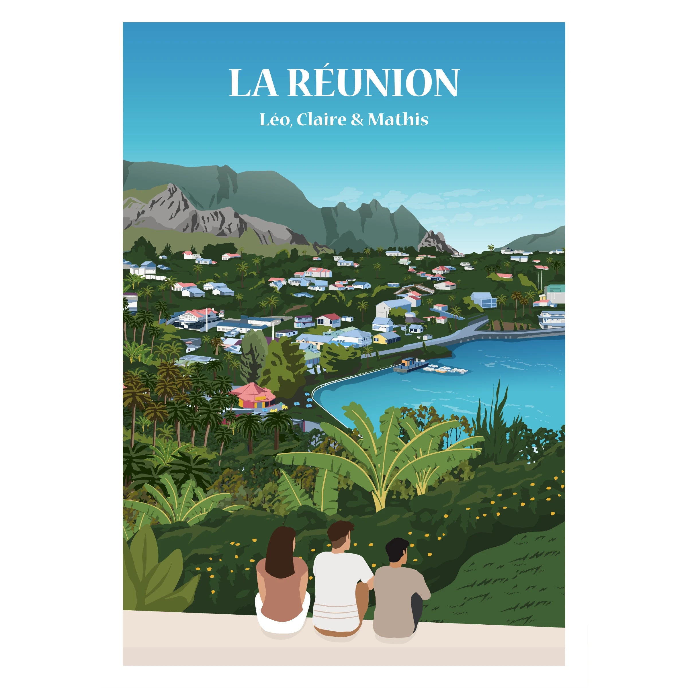 Affiche illustrée et personnalisable représentant une famille face au village de Cilaos, entouré de ses montagnes majestueuses et des paysages emblématiques de l’île de La Réunion.