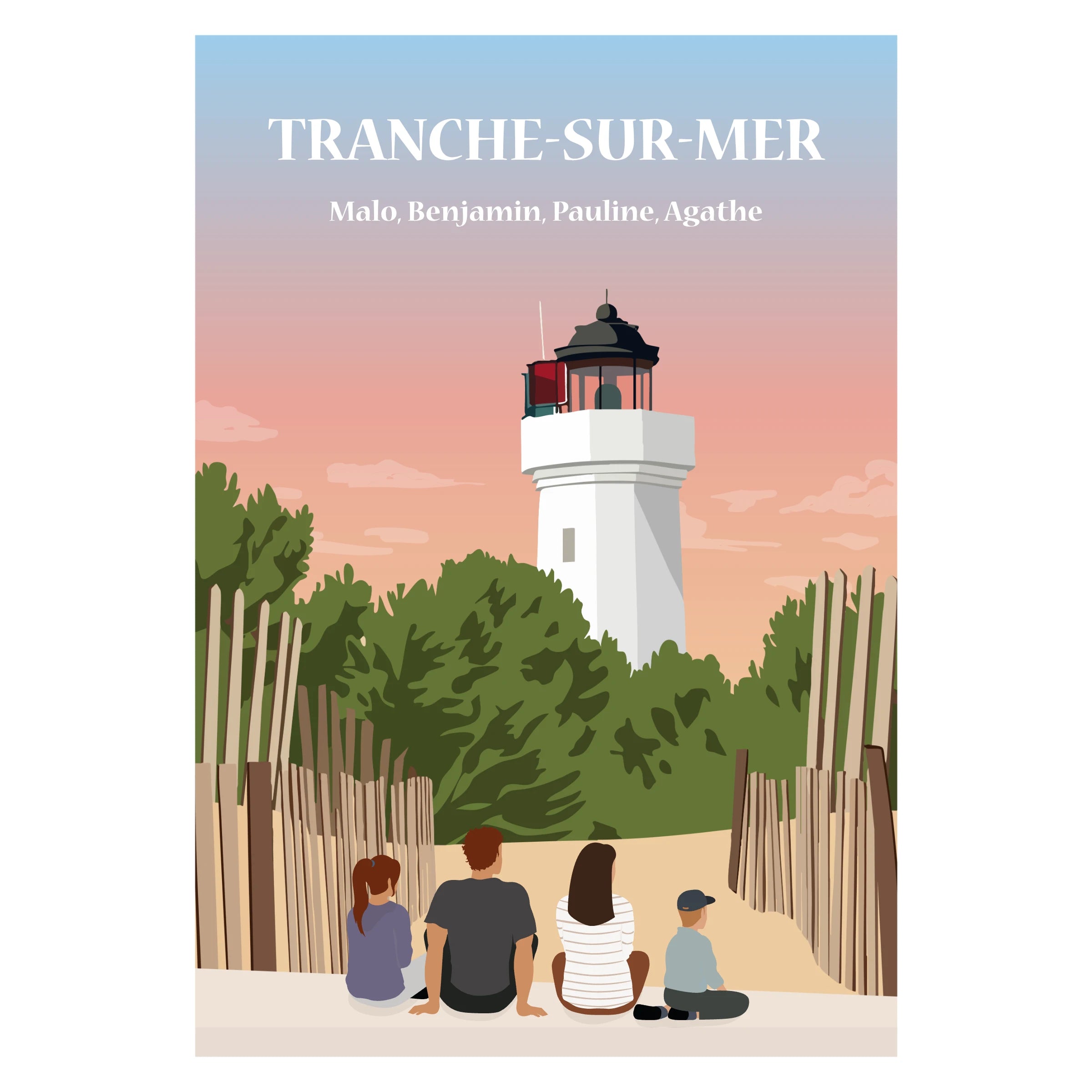 une famille de dos assise face au phare de la Tranche-sur-Mer