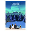 Affiche personnalisée d'une famille en Laponie devant les montagnes et les sapins enneigés