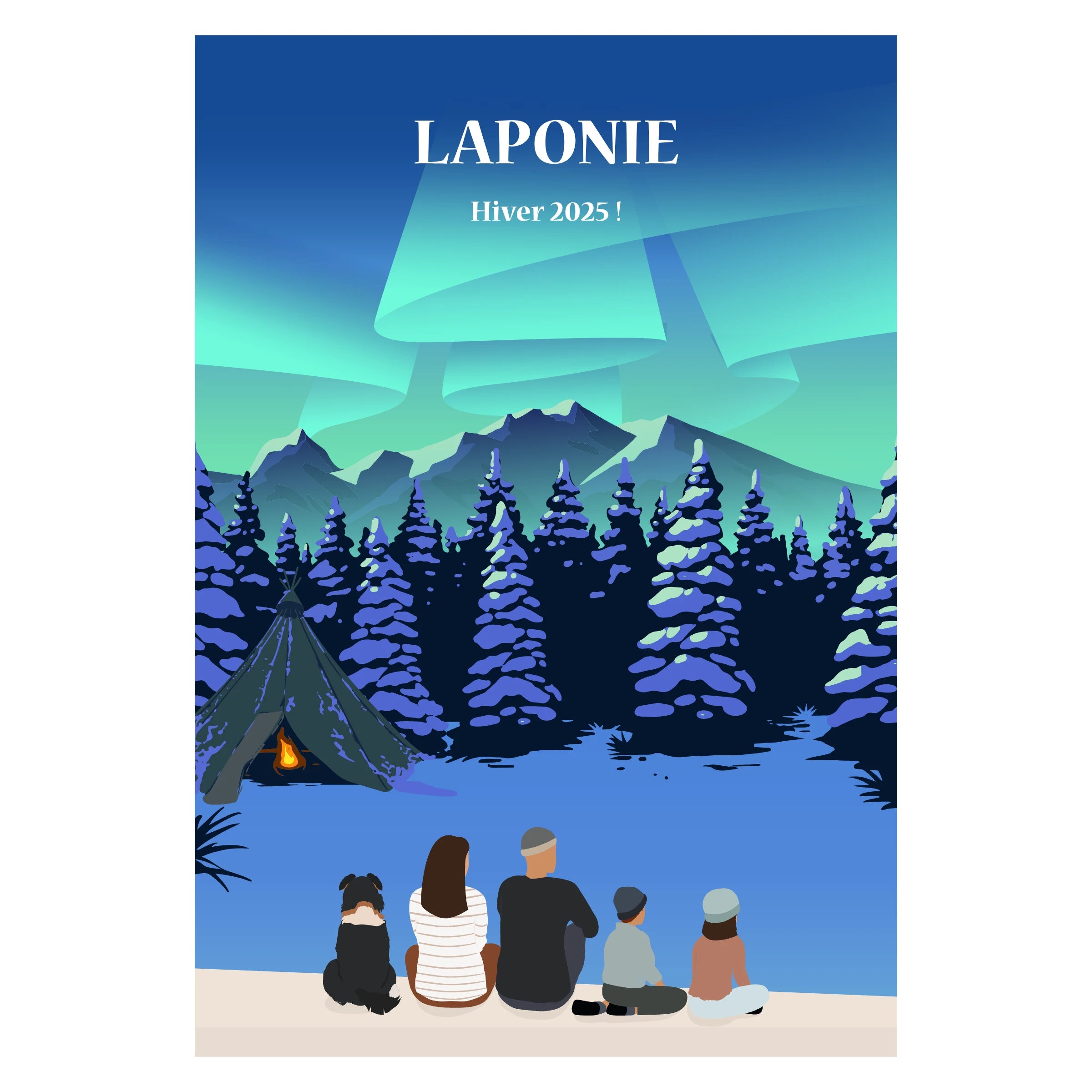 Affiche personnalisée d'une famille en Laponie devant les montagnes et les sapins enneigés