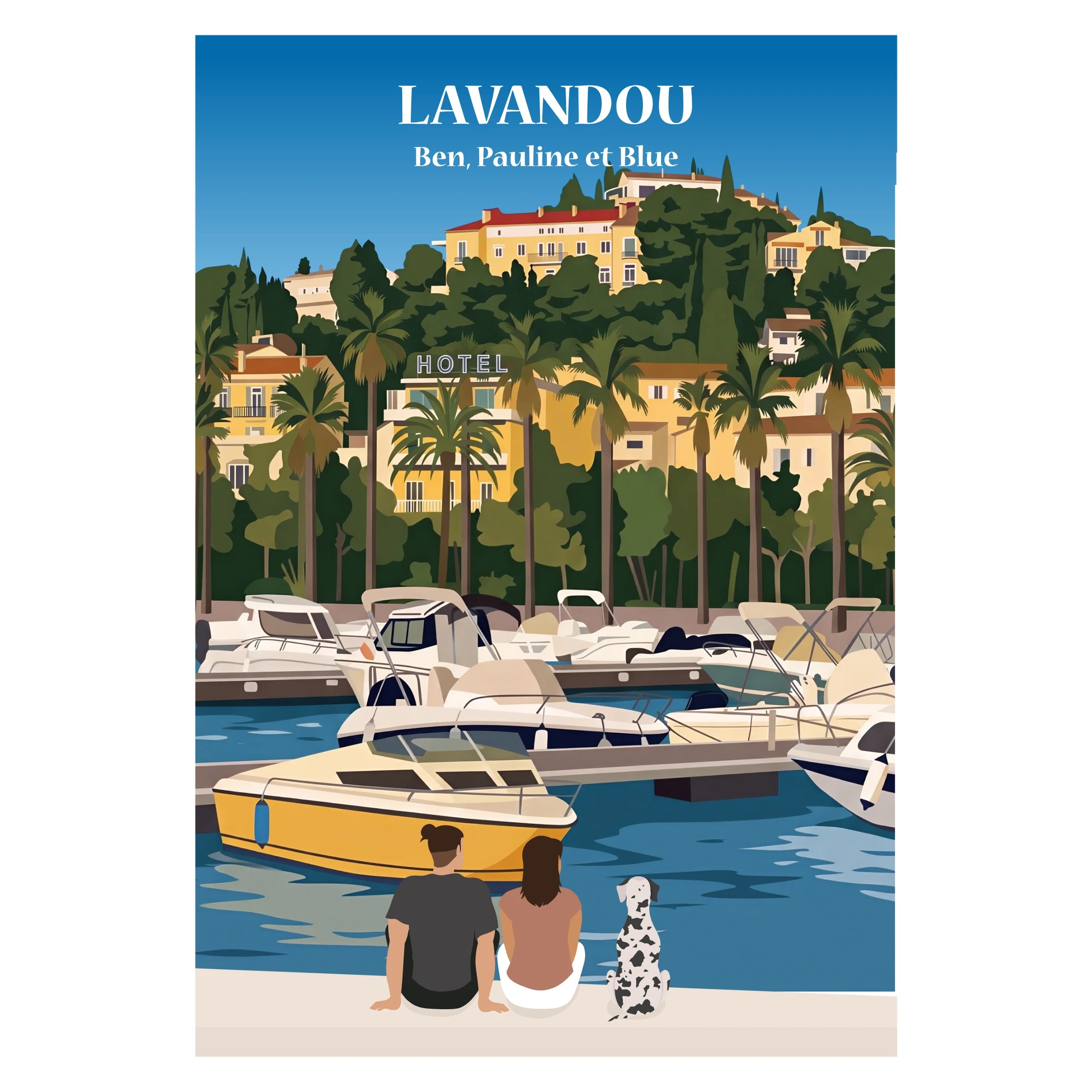 une famille assise sur un banc face au lavandou