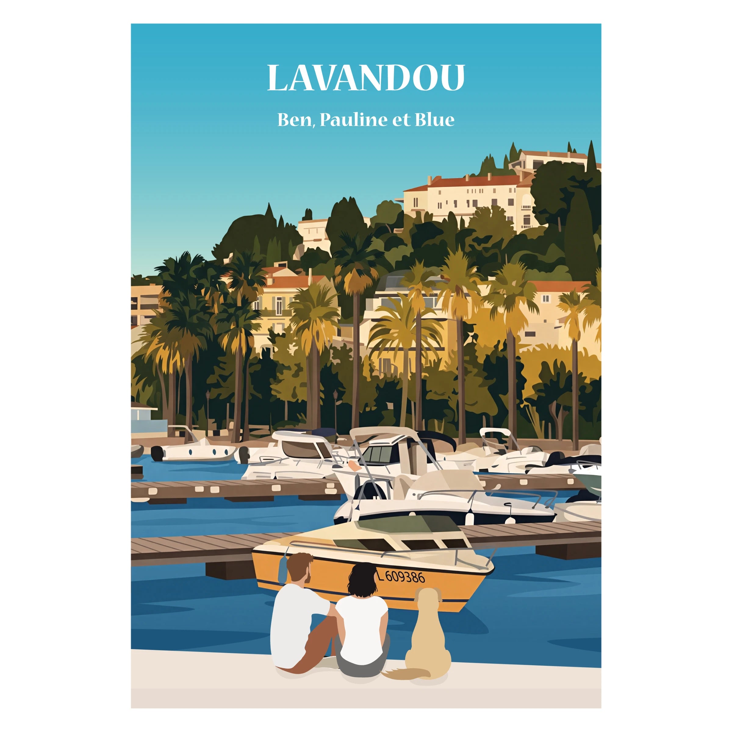 une famille assise sur un banc face au lavandou