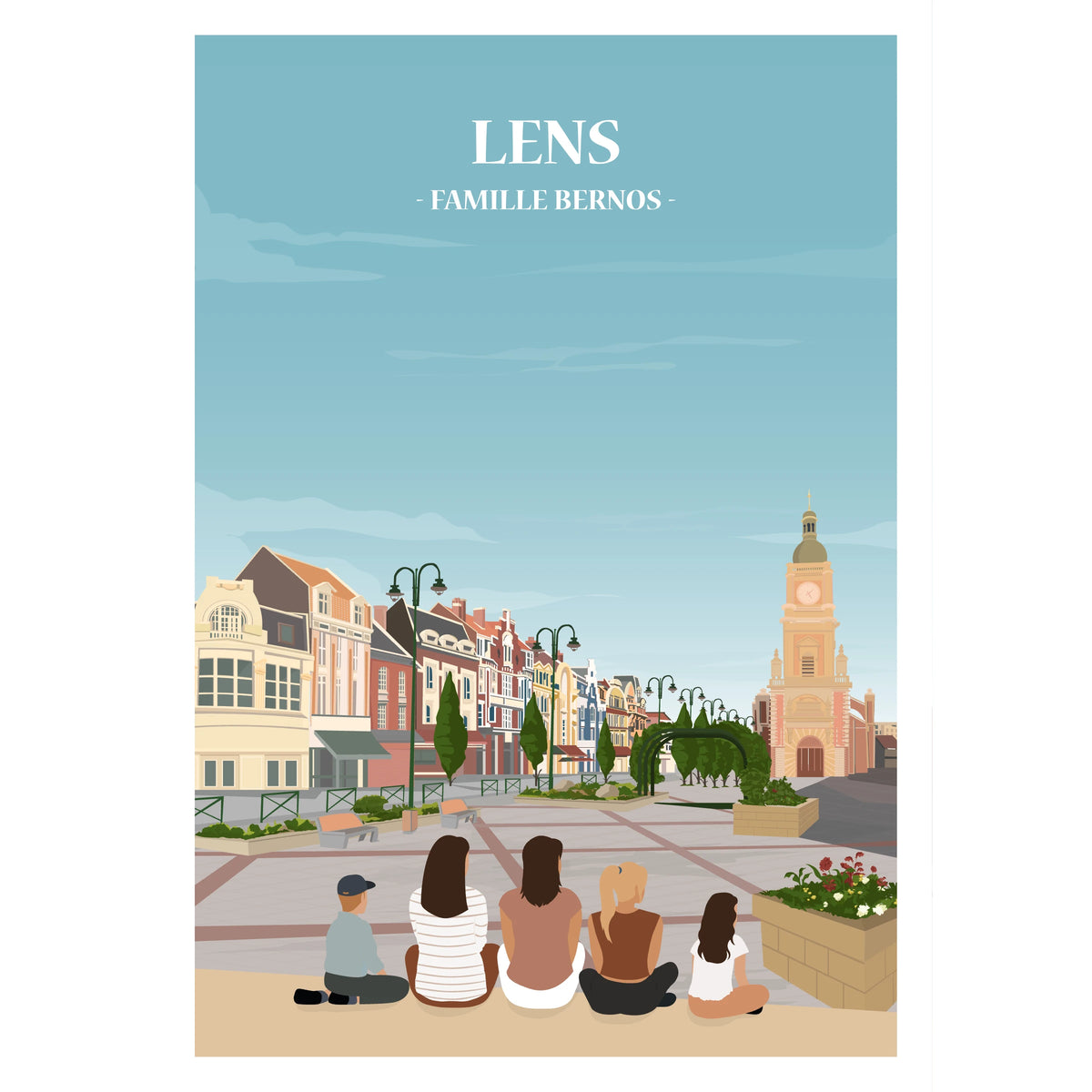 Affiche illustrée et personnalisable représentant une famille face aux monuments et paysages emblématiques de Lens.
