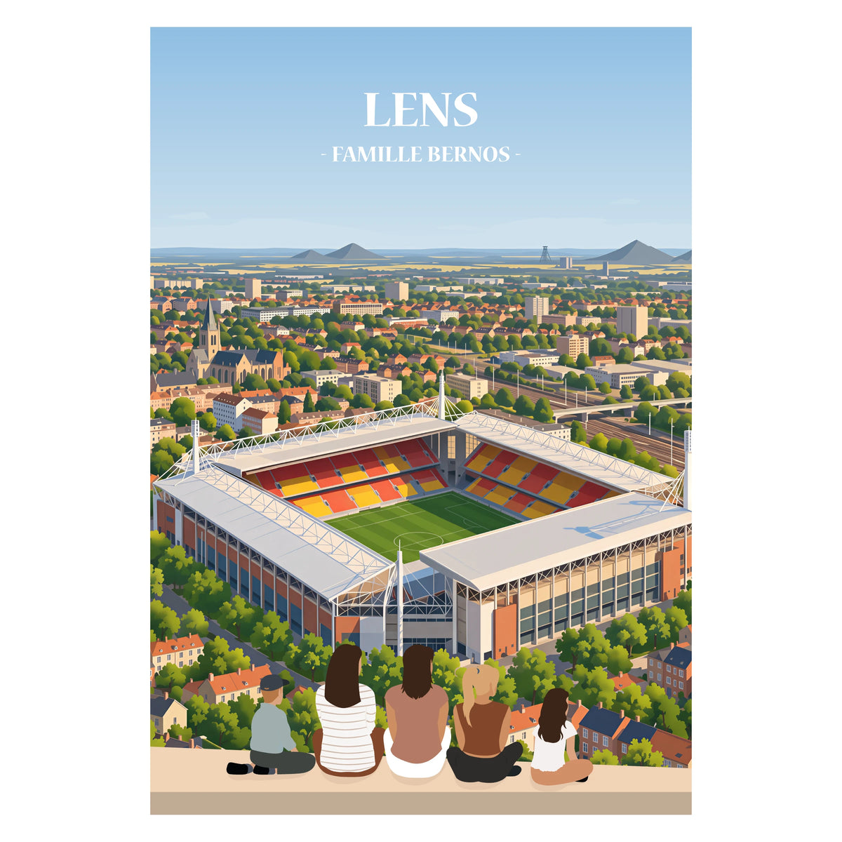 Affiche illustrée et personnalisable représentant une famille face aux monuments et paysages emblématiques de Lens.