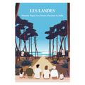 Affiche personnalisable des Landes montrant une famille de dos devant l’océan, un lac et des pins, dans un style graphique minimaliste.