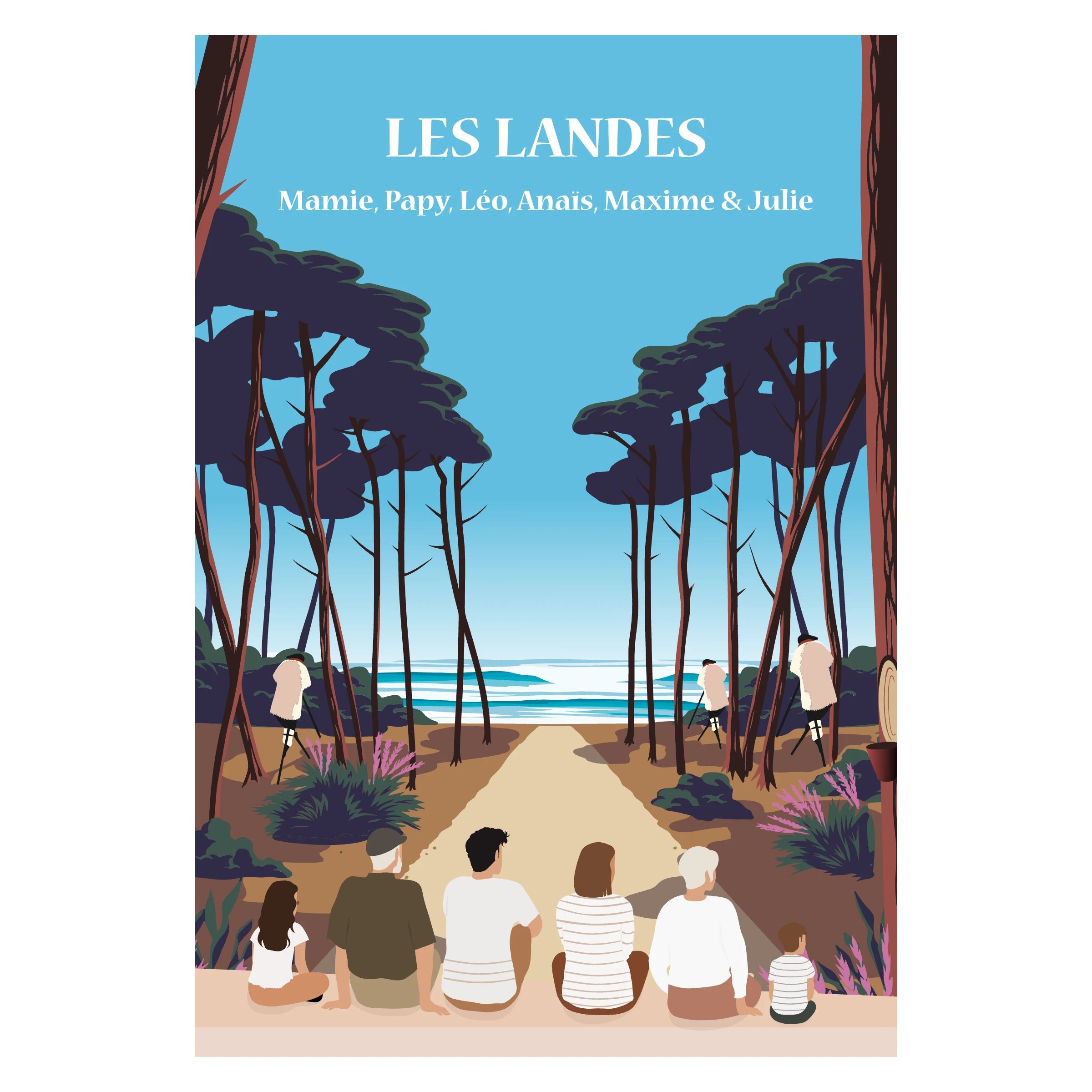 Affiche personnalisable des Landes montrant une famille de dos devant l’océan, un lac et des pins, dans un style graphique minimaliste.