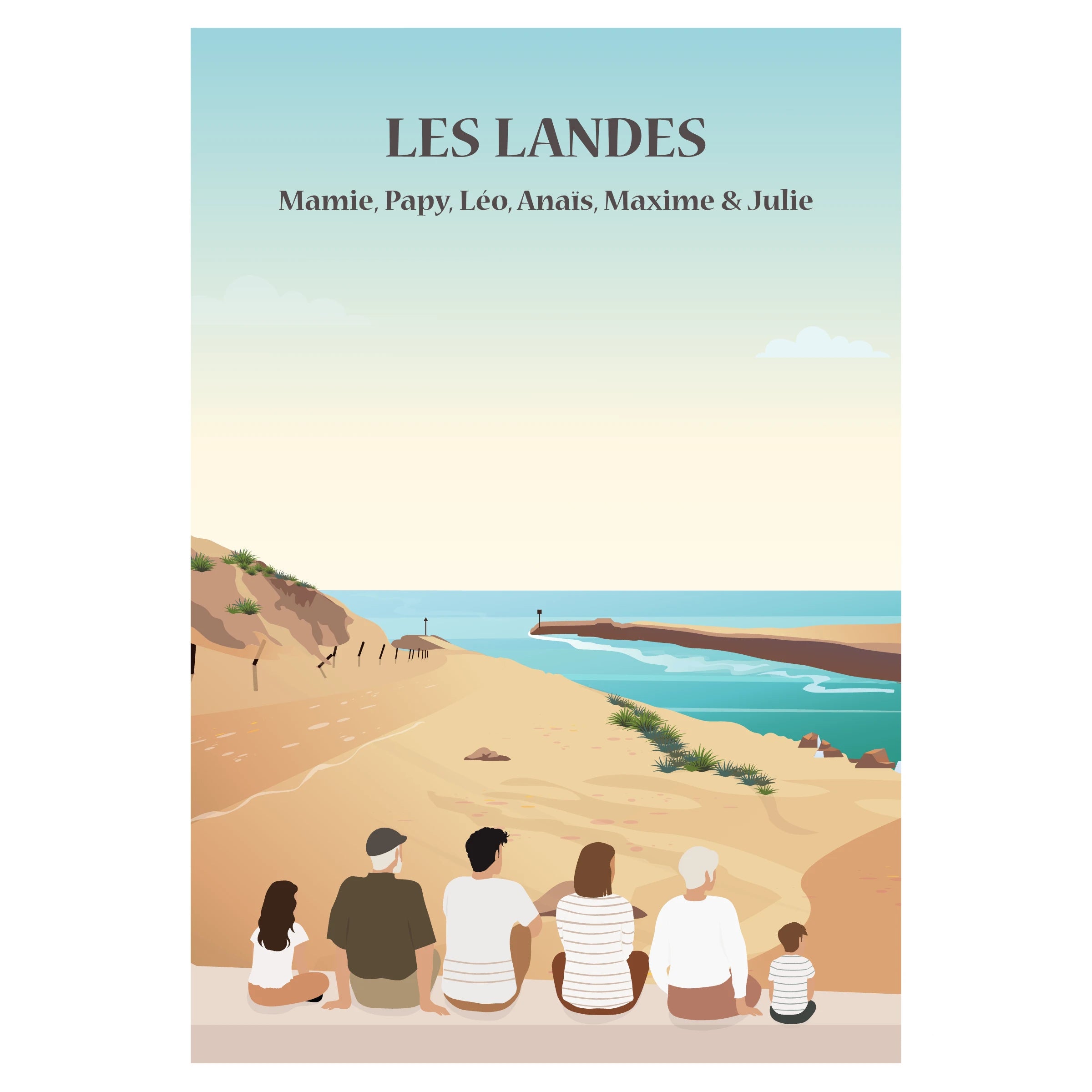 Affiche personnalisable des Landes montrant une famille de dos devant l’océan, un lac et des pins, dans un style graphique minimaliste.