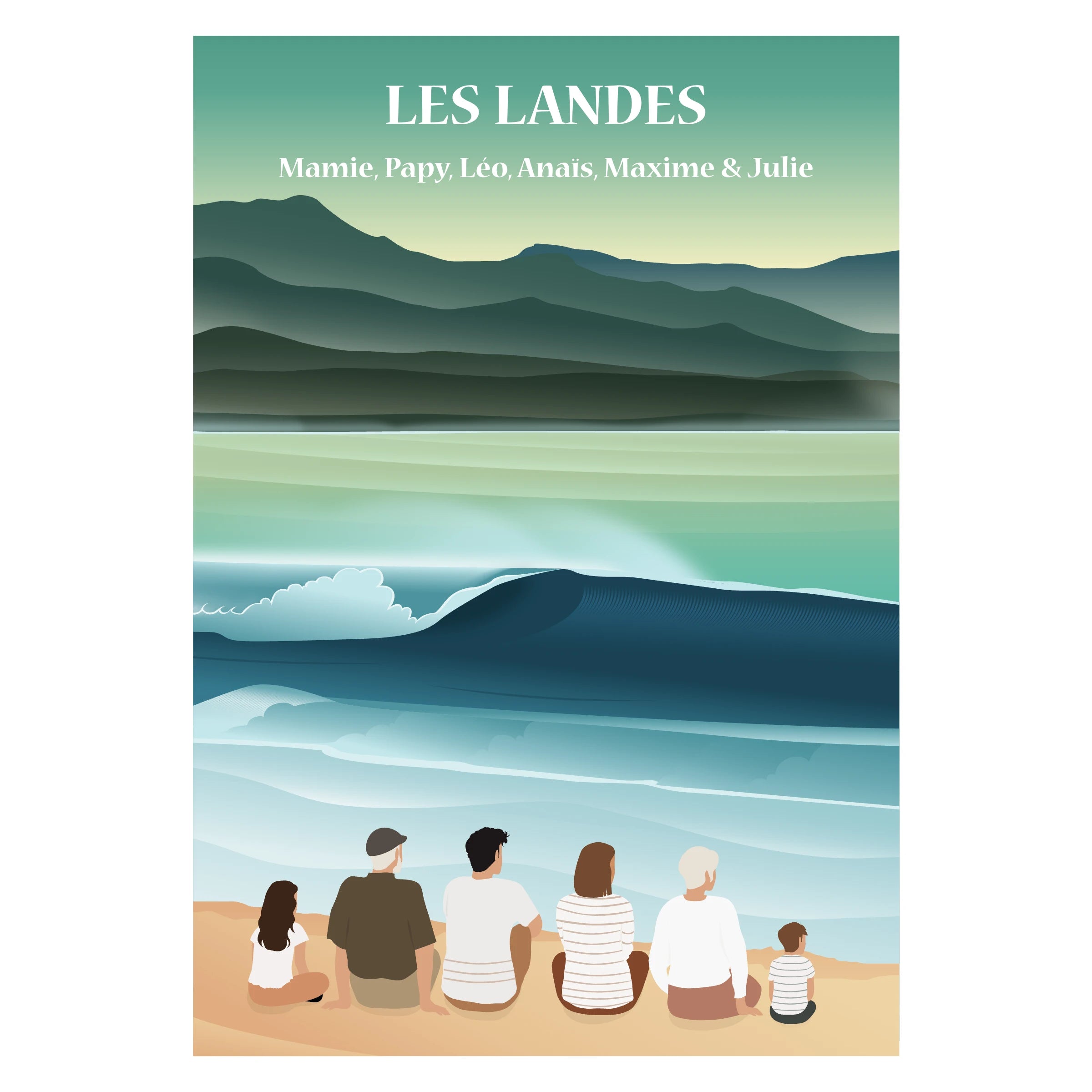 Affiche personnalisable des Landes montrant une famille de dos devant l’océan, un lac et des pins, dans un style graphique minimaliste.