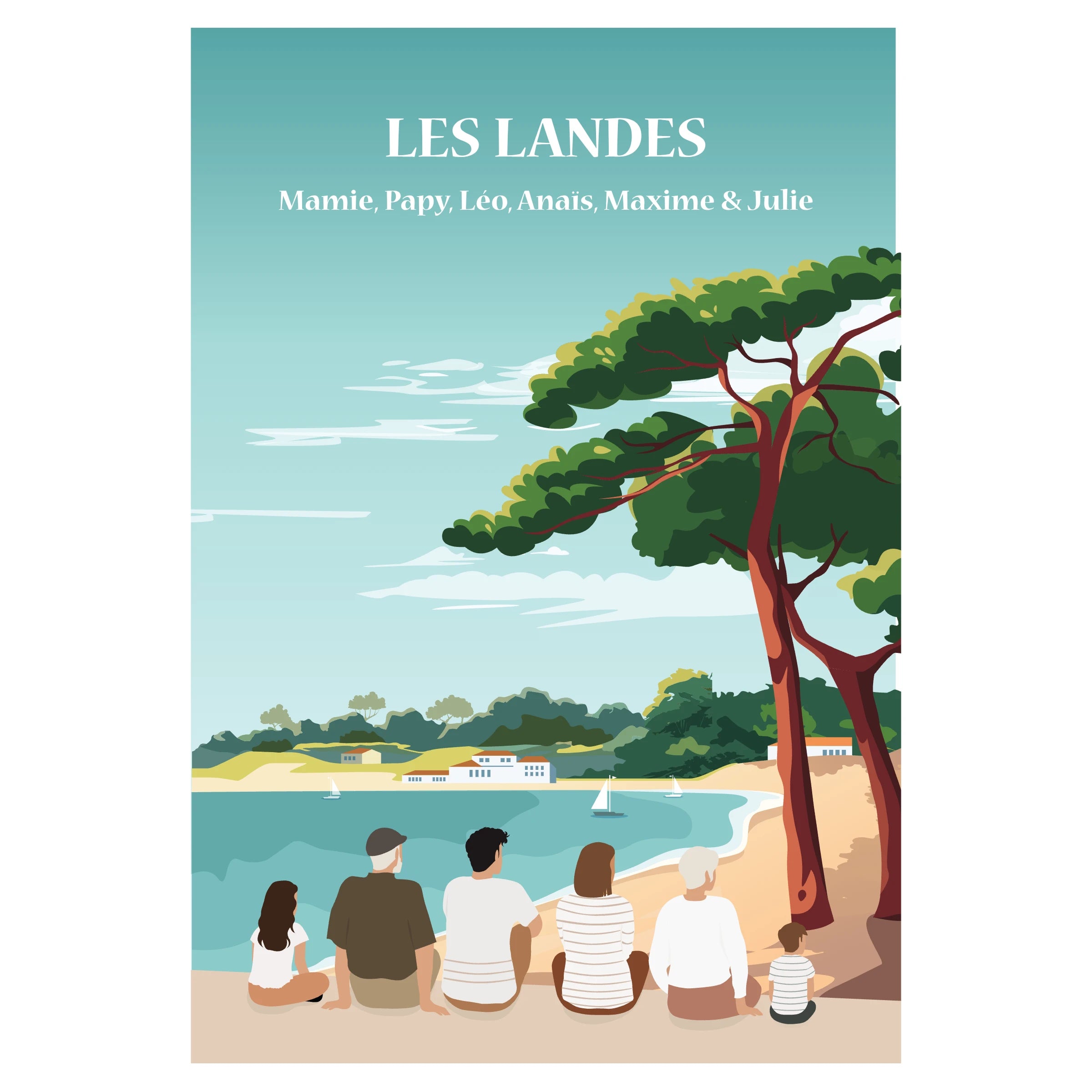 Affiche personnalisable des Landes montrant une famille de dos devant l’océan, un lac et des pins, dans un style graphique minimaliste.