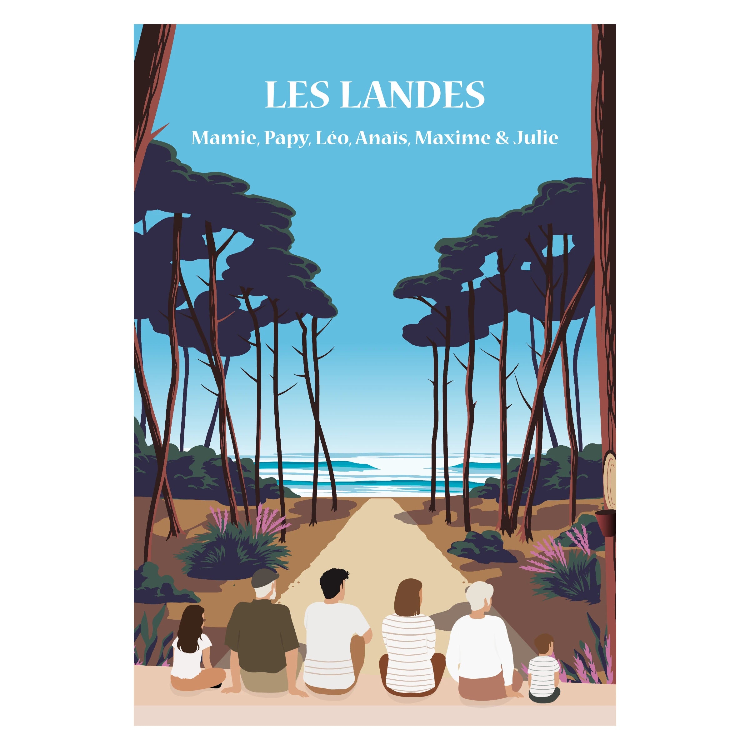 Affiche personnalisable des Landes montrant une famille de dos devant l’océan, un lac et des pins, dans un style graphique minimaliste.