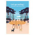 Affiche illustrée représentant des personnes marchant ensemble en portant la même planche de surf, illustration chaleureuse et estivale.