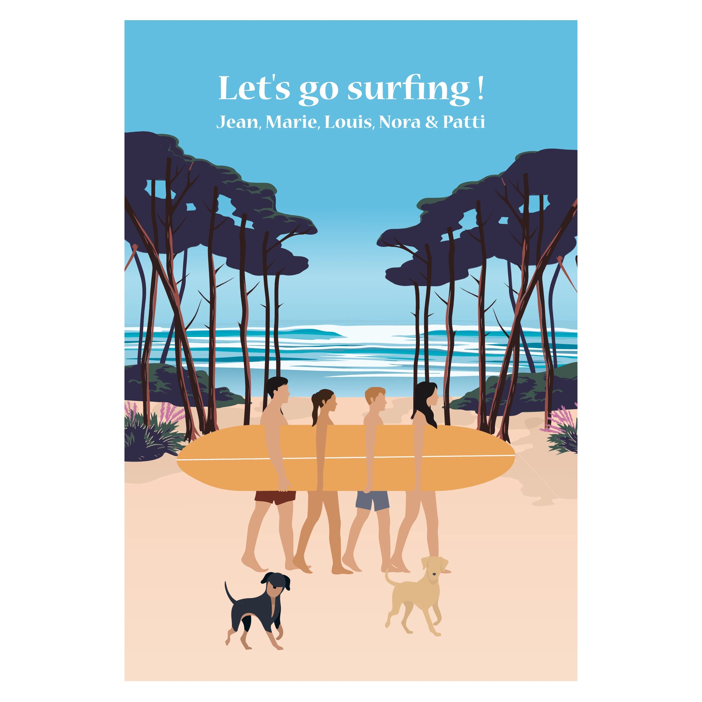 Affiche illustrée représentant des personnes marchant ensemble en portant la même planche de surf, illustration chaleureuse et estivale.