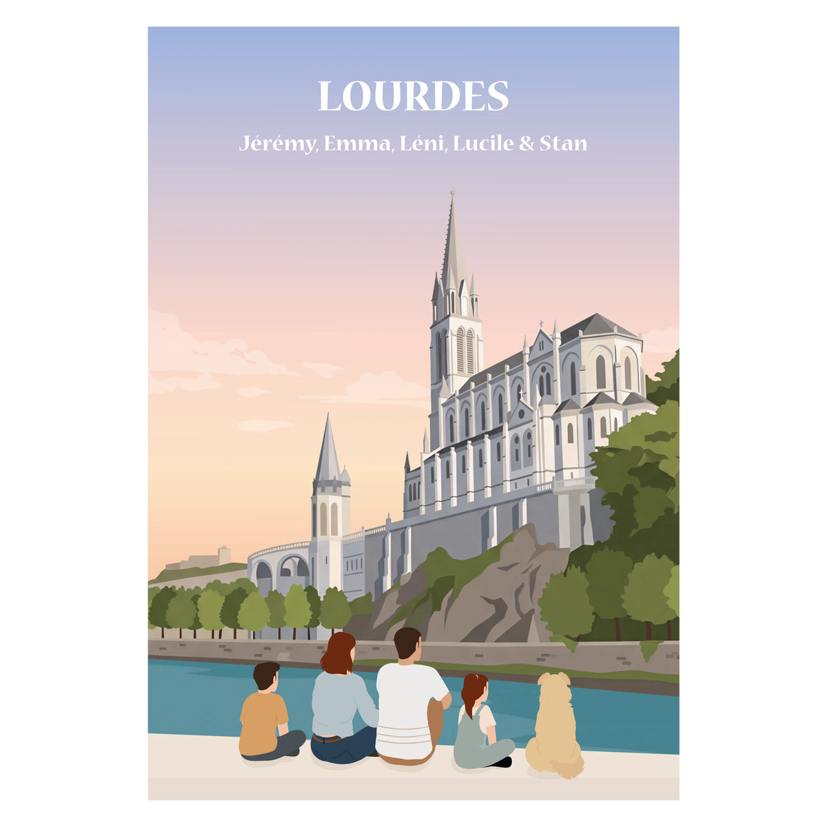 une famille assise sur un banc face à la ville de Lourdes