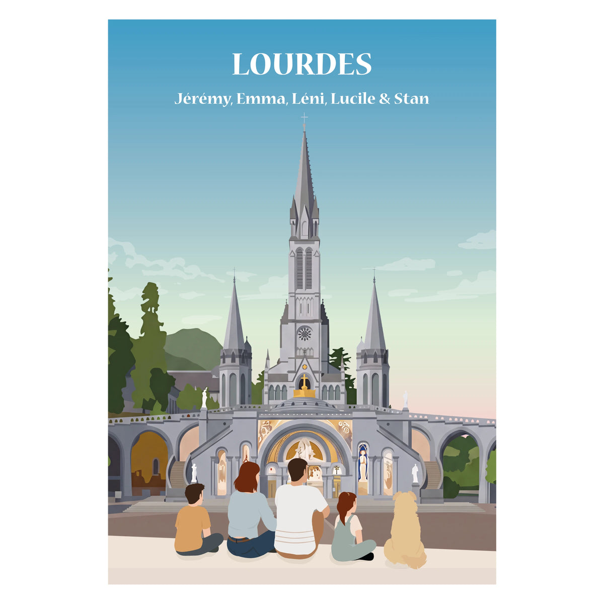 une famille assise sur un banc face à la ville de Lourdes