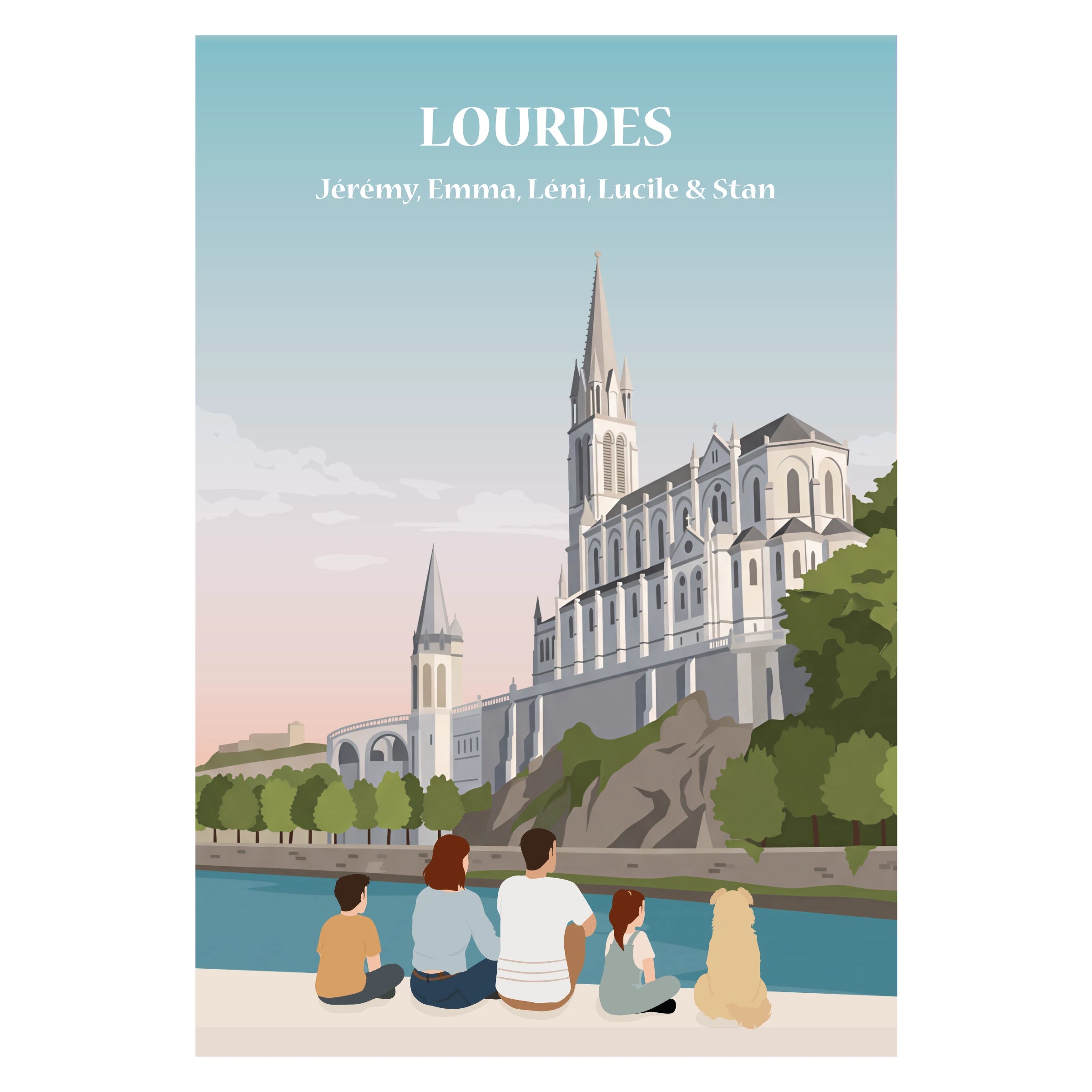 une famille assise sur un banc face à la ville de Lourdes