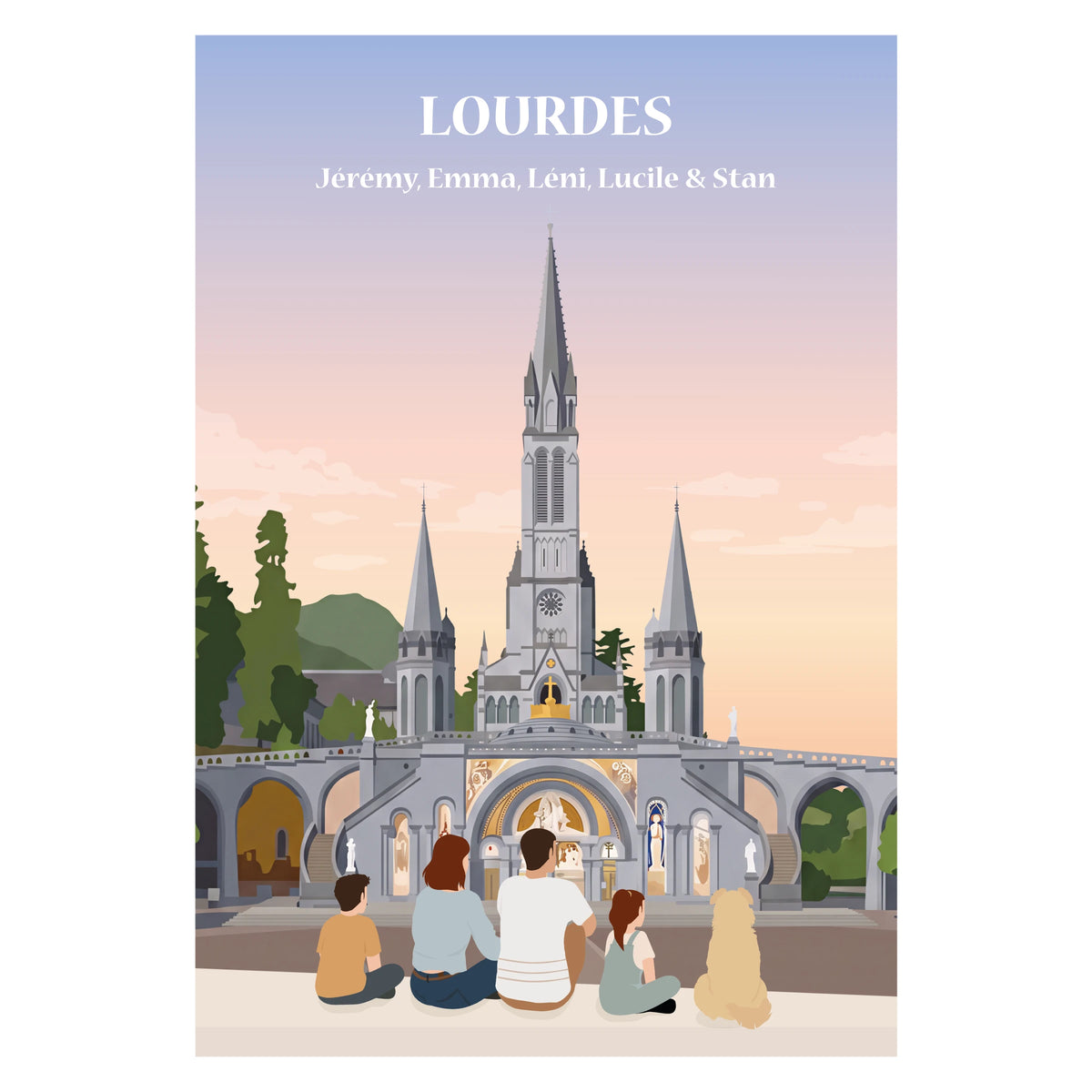 une famille assise sur un banc face à la ville de Lourdes
