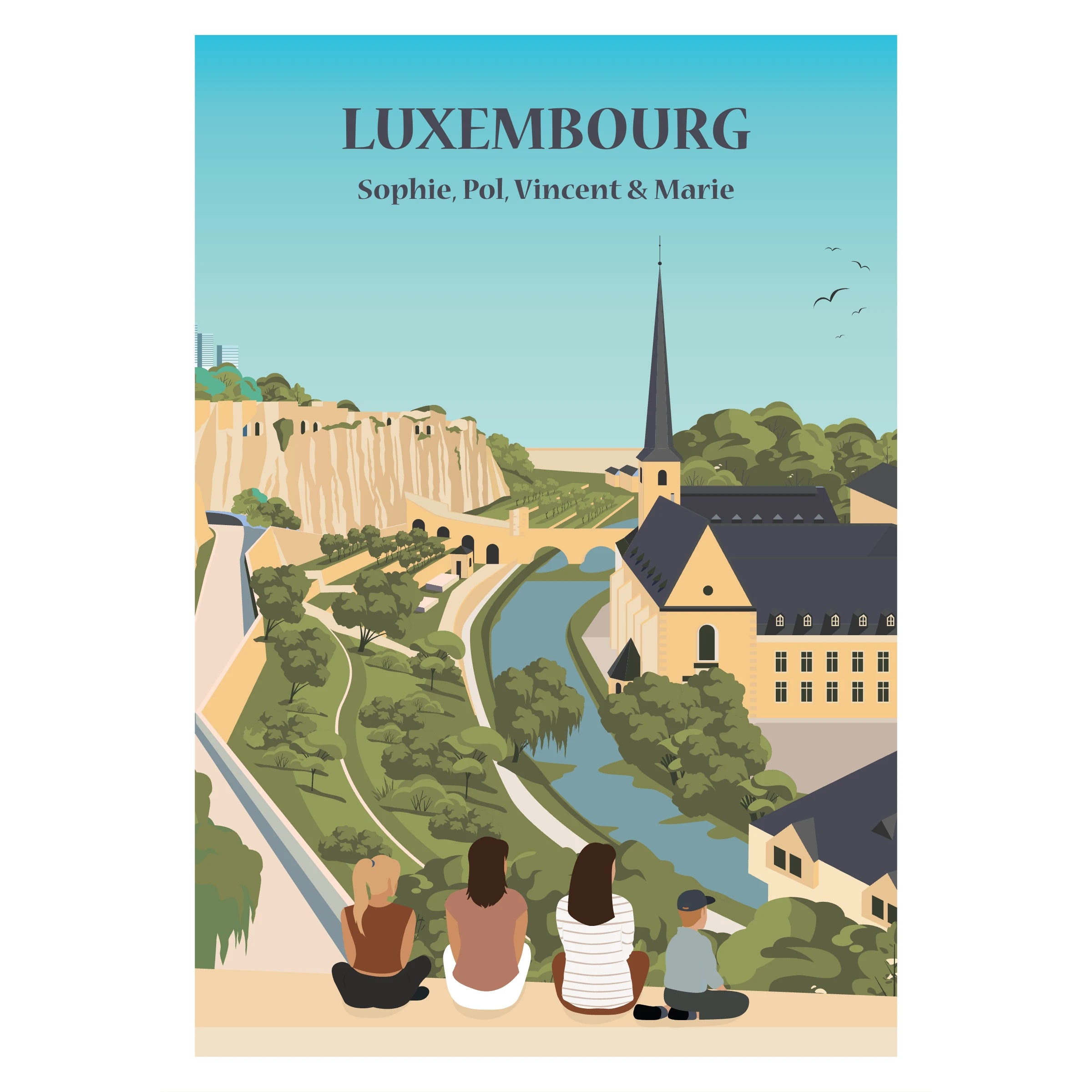 Affiche illustrée et personnalisable représentant une famille au Luxembourg avec fond au choix : la vieille ville de Luxembourg ou le centre d’Ettelbruck. 