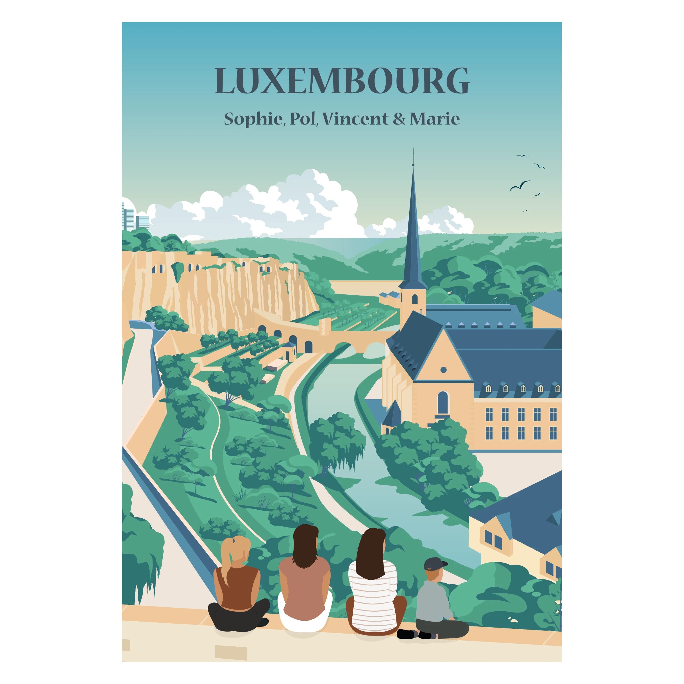 Affiche illustrée et personnalisable représentant une famille au Luxembourg avec fond au choix : la vieille ville de Luxembourg ou le centre d’Ettelbruck. 