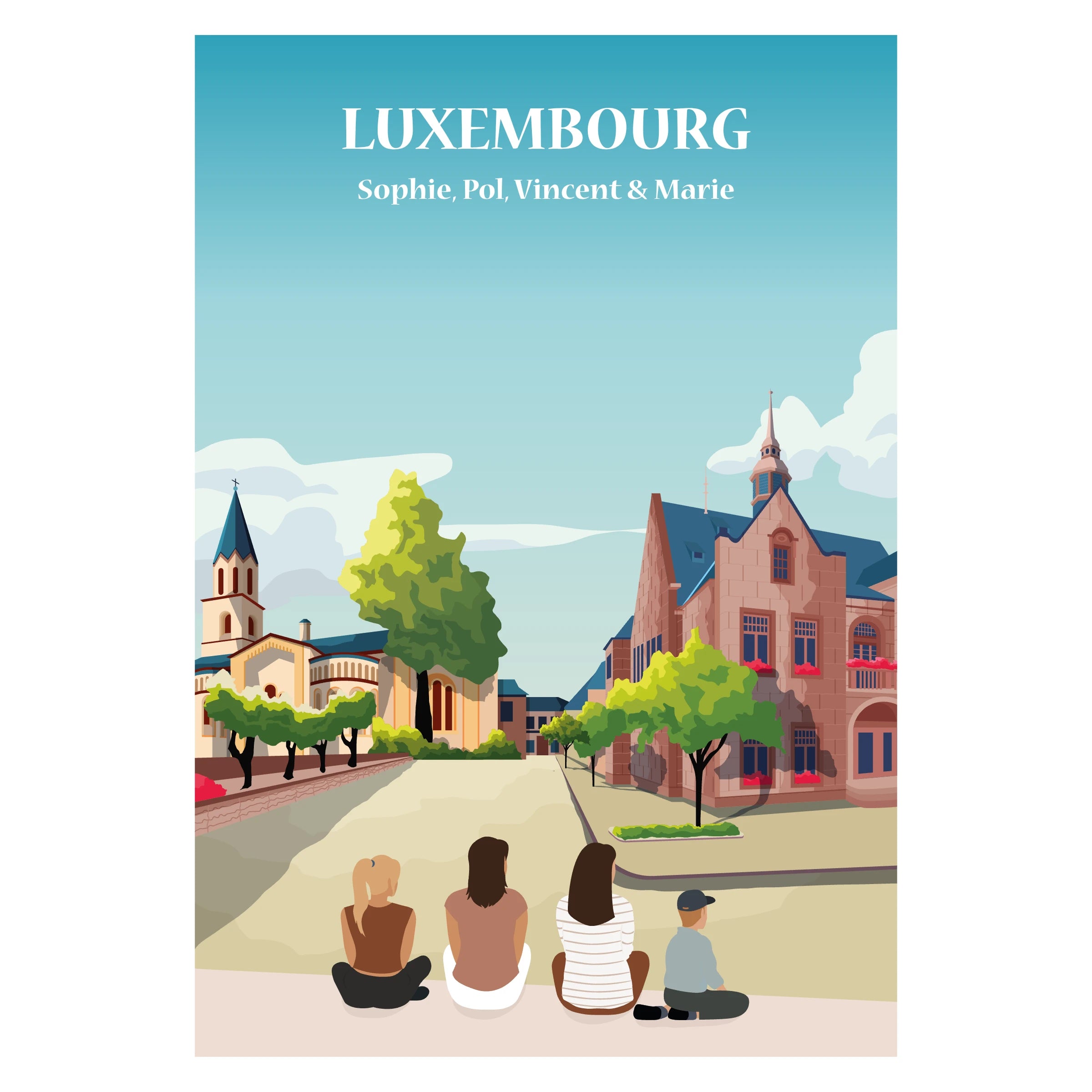 Affiche illustrée et personnalisable représentant une famille au Luxembourg avec fond au choix : la vieille ville de Luxembourg ou le centre d’Ettelbruck. 