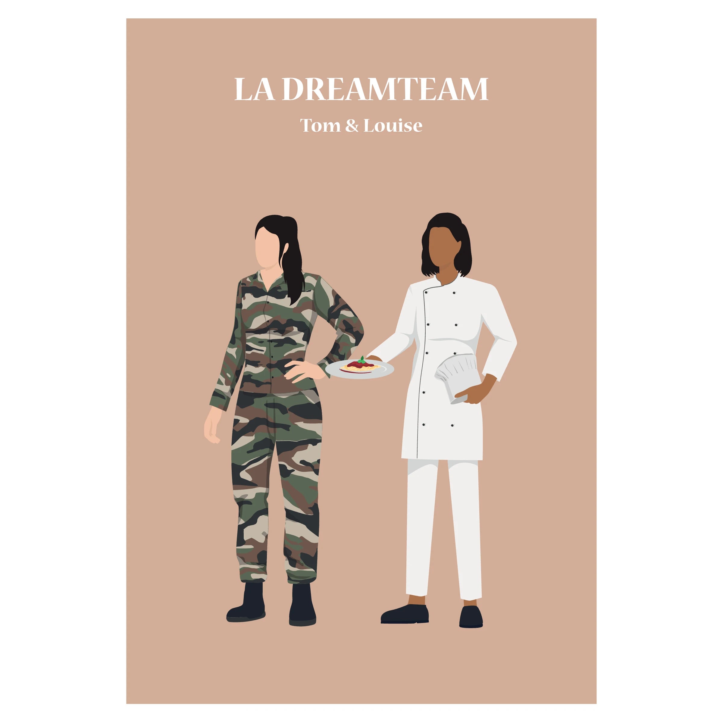 Affiche décorative personnalisable illustrant un couple en tenue professionnelle, représentant leurs métiers respectifs.